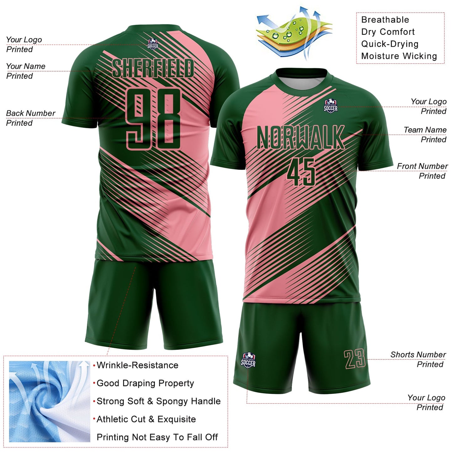 Custom Green Medium Pink Line Sublimation Soccer Uniform Jersey - Sky-Custom