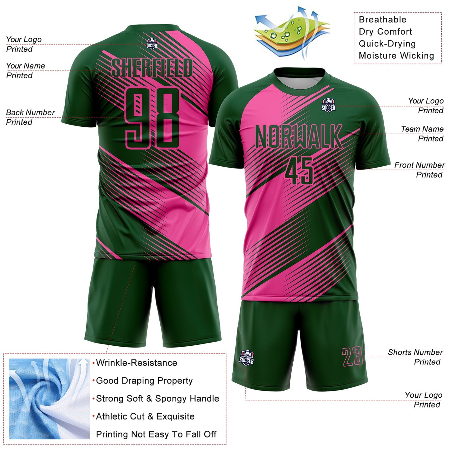 Custom Green Pink Line Sublimation Soccer Uniform Jersey - Sky-Custom