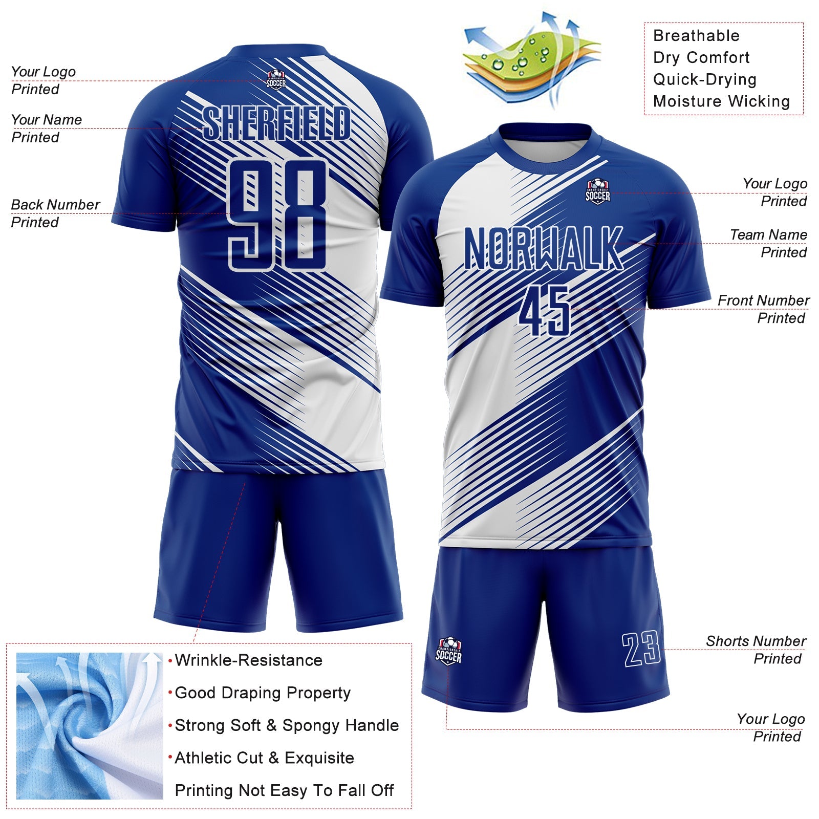 Custom Royal White Line Sublimation Soccer Uniform Jersey - Sky-Custom