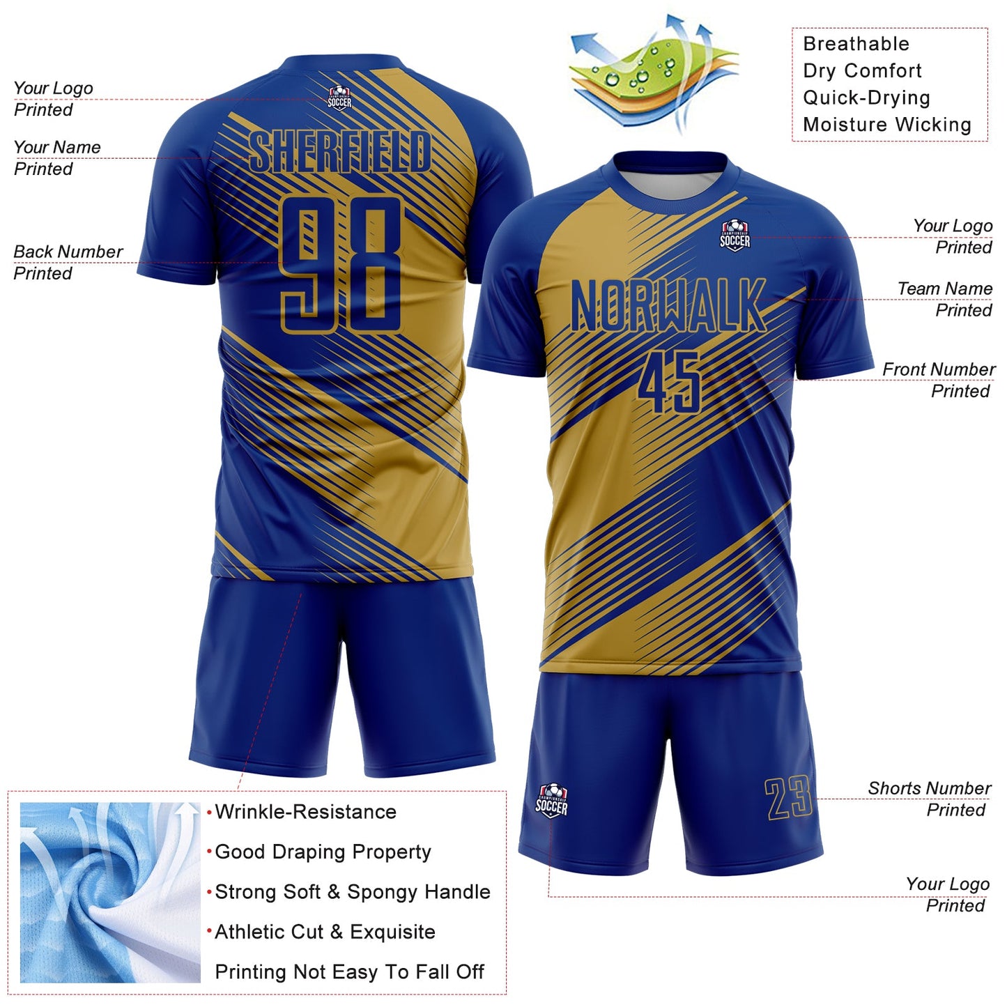 Custom Royal Old Gold Line Sublimation Soccer Uniform Jersey - Sky-Custom