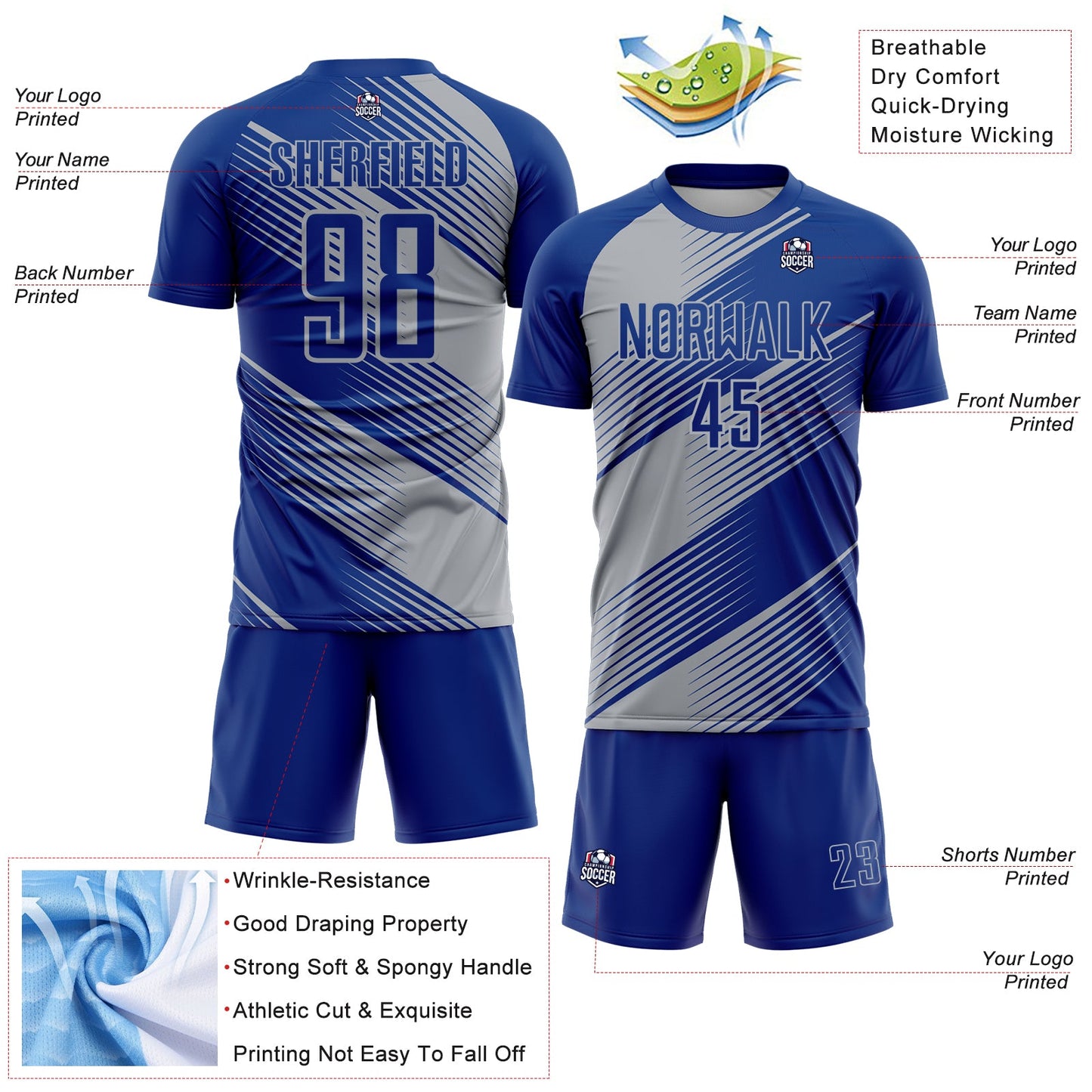 Custom Royal Gray Line Sublimation Soccer Uniform Jersey - Sky-Custom