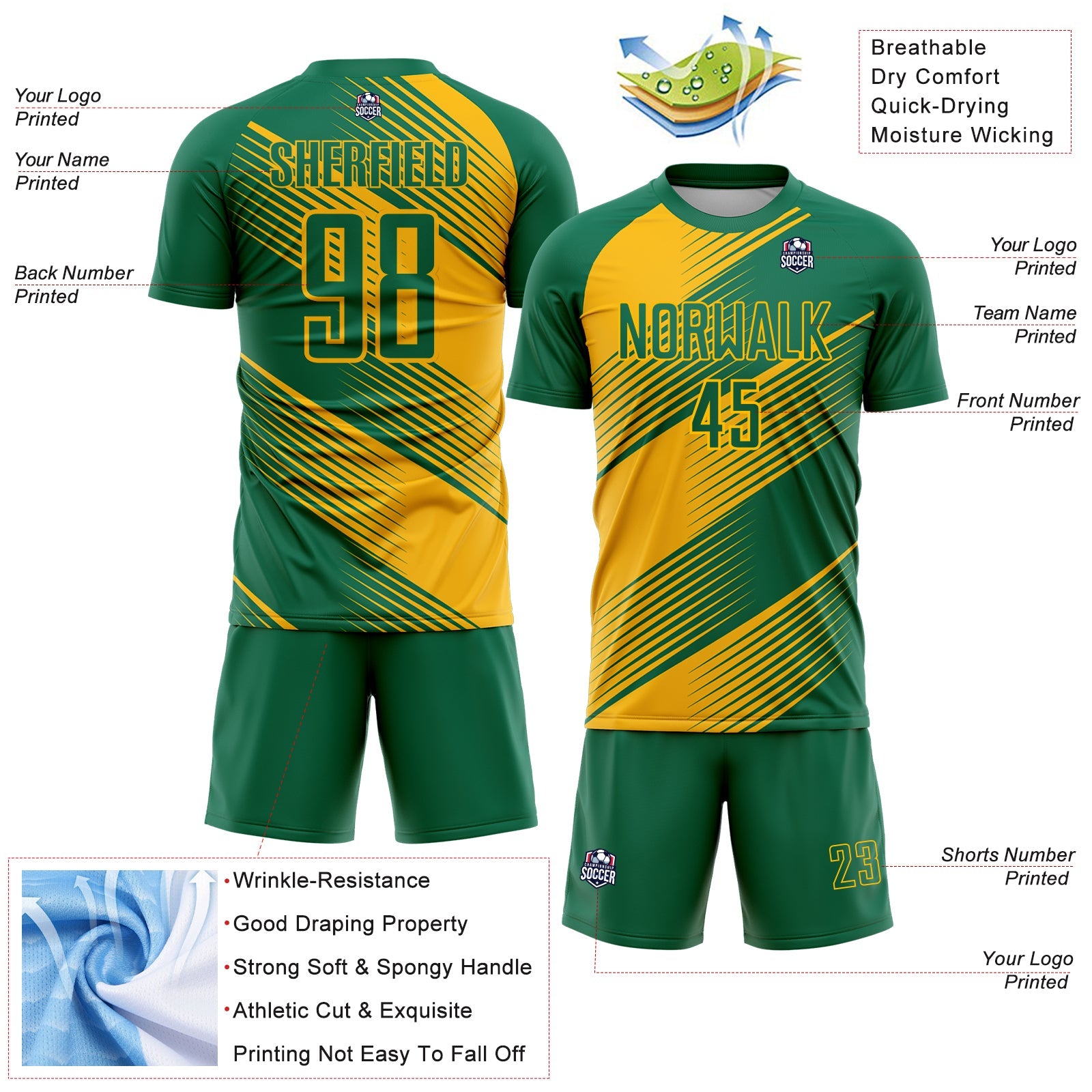 Custom Kelly Green Gold Line Sublimation Soccer Uniform Jersey - Sky-Custom