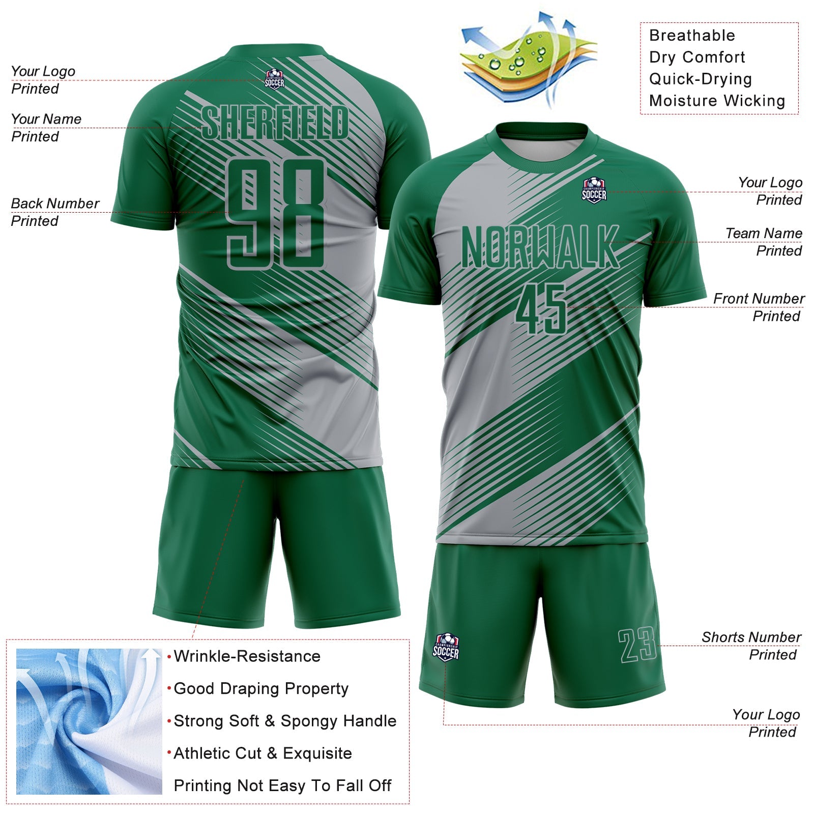Custom Kelly Green Gray Line Sublimation Soccer Uniform Jersey - Sky-Custom