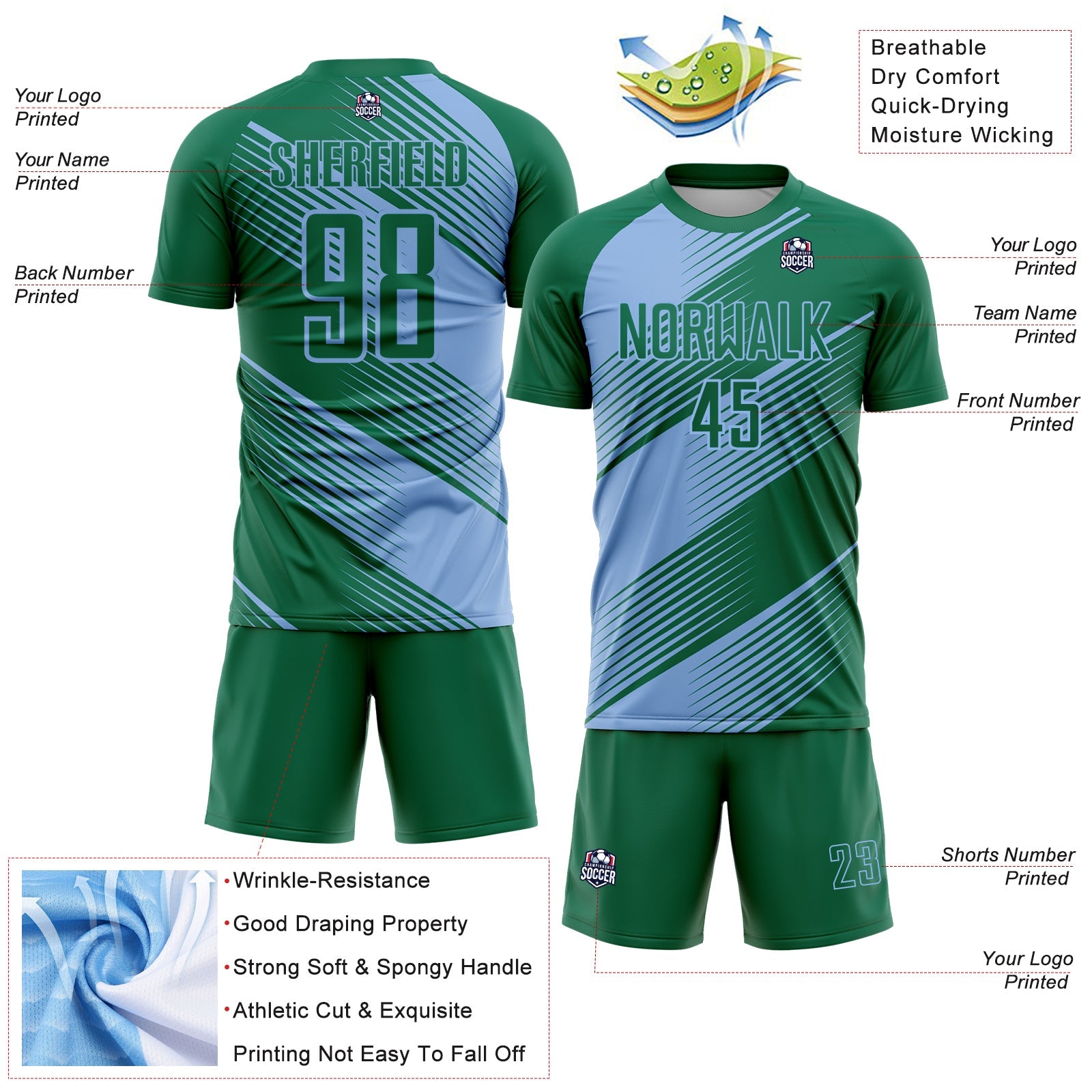 Custom Kelly Green Light Blue Line Sublimation Soccer Uniform Jersey - Sky-Custom