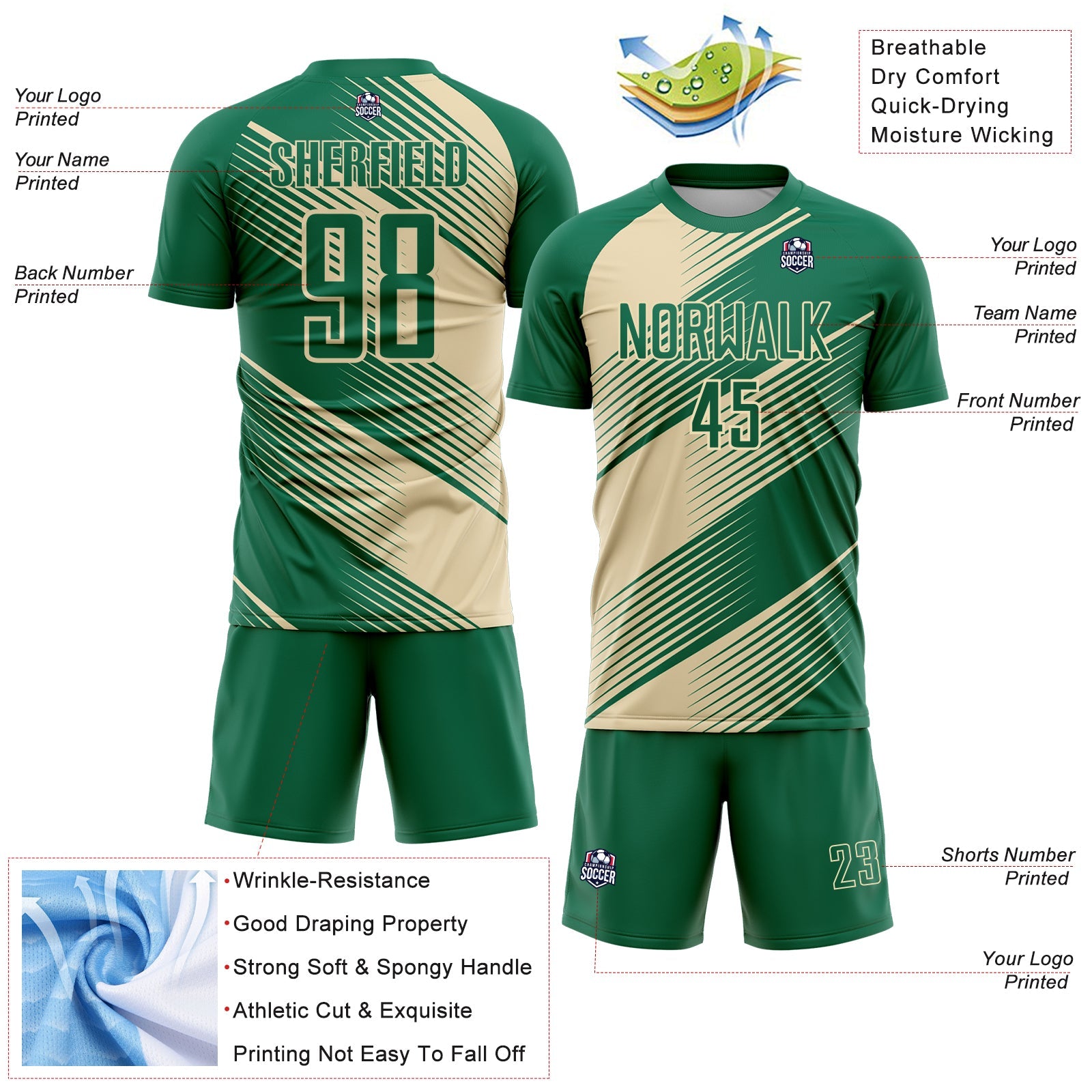 Custom Kelly Green Cream Line Sublimation Soccer Uniform Jersey - Sky-Custom
