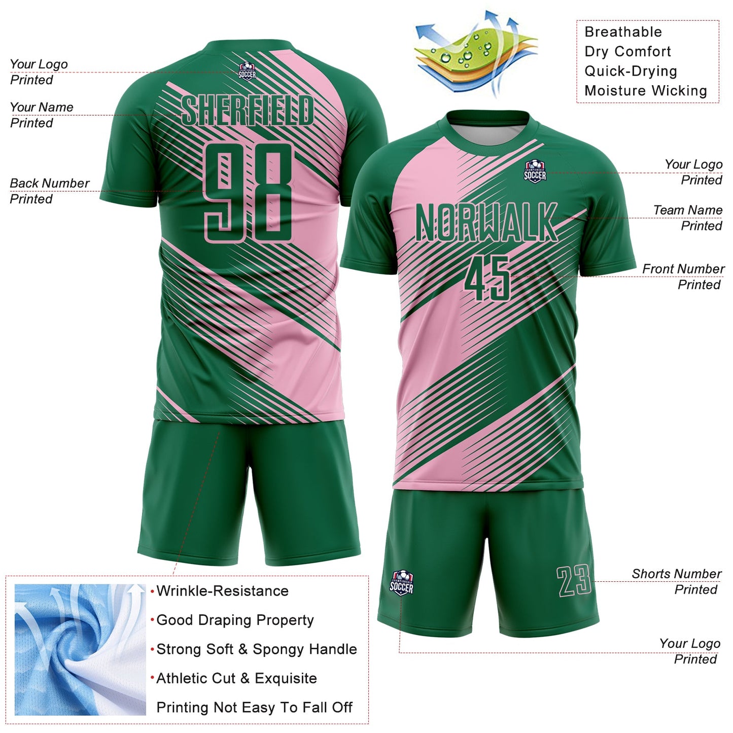 Custom Kelly Green Light Pink Line Sublimation Soccer Uniform Jersey - Sky-Custom