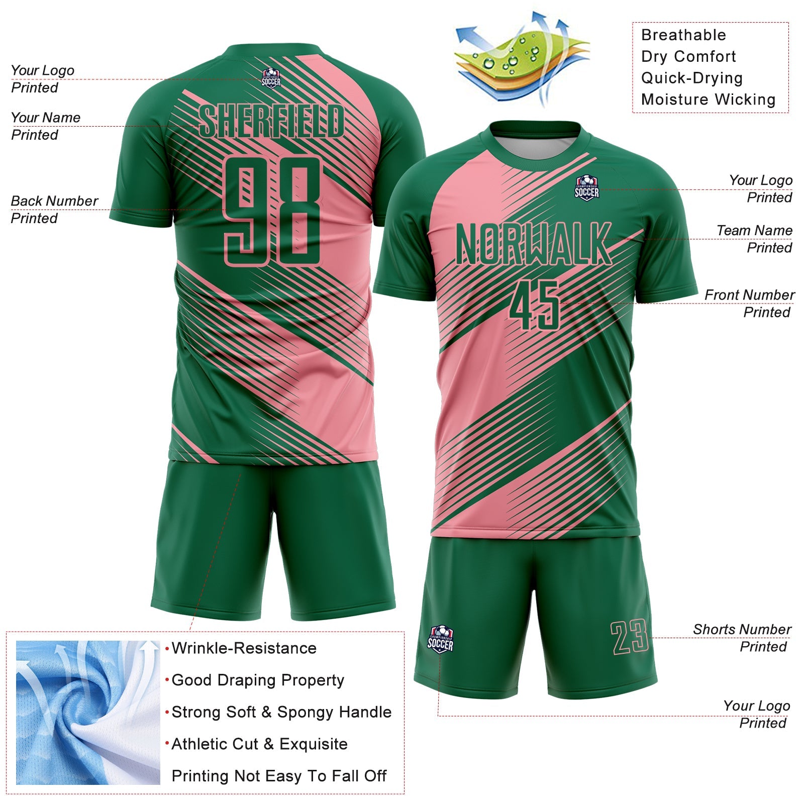 Custom Kelly Green Medium Pink Line Sublimation Soccer Uniform Jersey - Sky-Custom