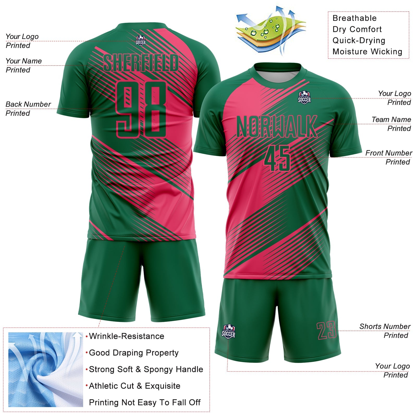 Custom Kelly Green Neon Pink Line Sublimation Soccer Uniform Jersey - Sky-Custom