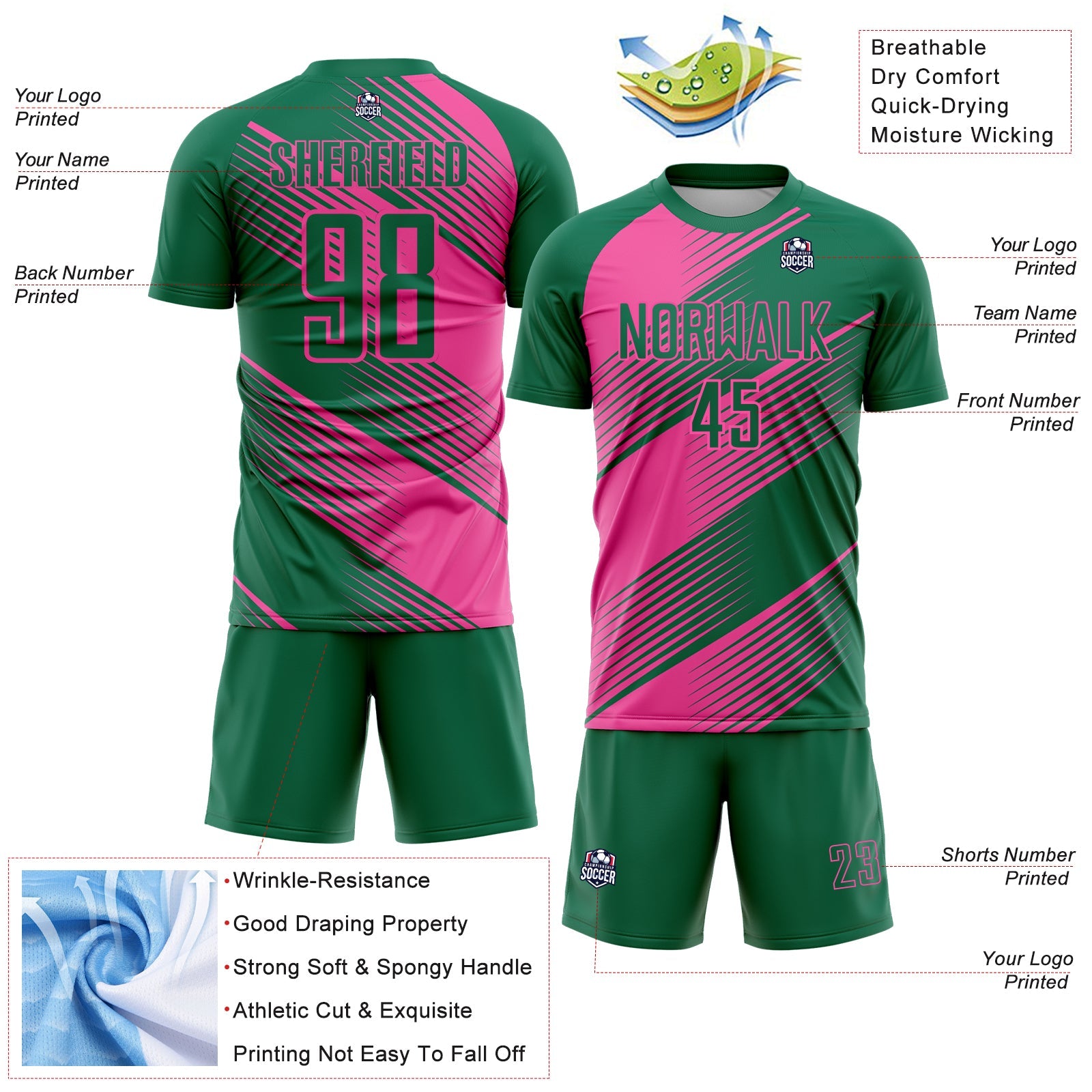 Custom Kelly Green Pink Line Sublimation Soccer Uniform Jersey - Sky-Custom
