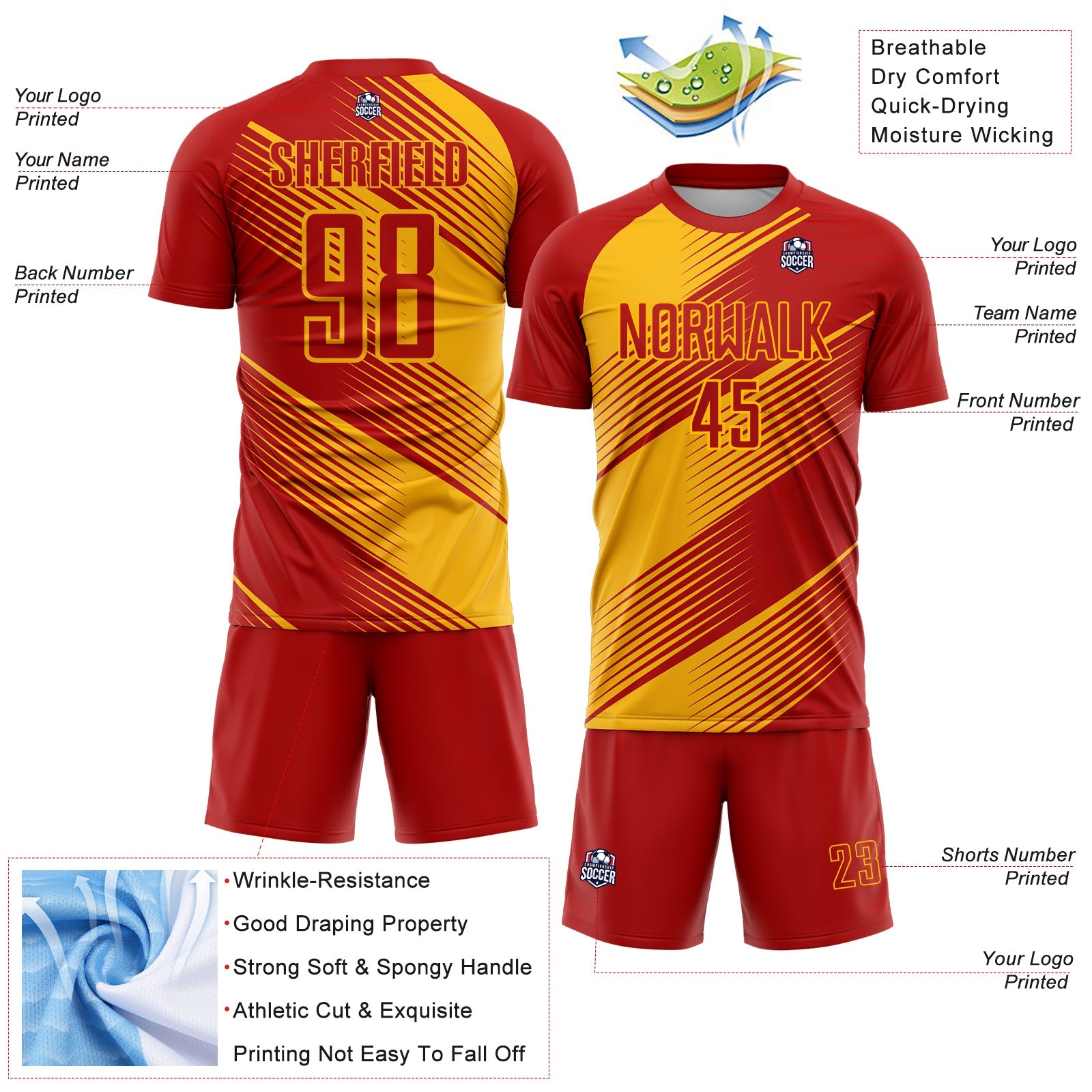 Custom Red Gold Line Sublimation Soccer Uniform Jersey - Sky-Custom