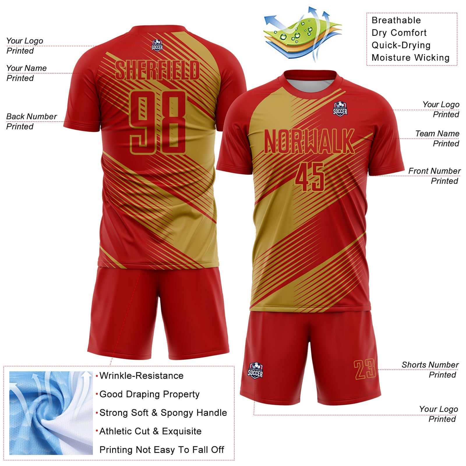 Custom Red Old Gold Line Sublimation Soccer Uniform Jersey - Sky-Custom