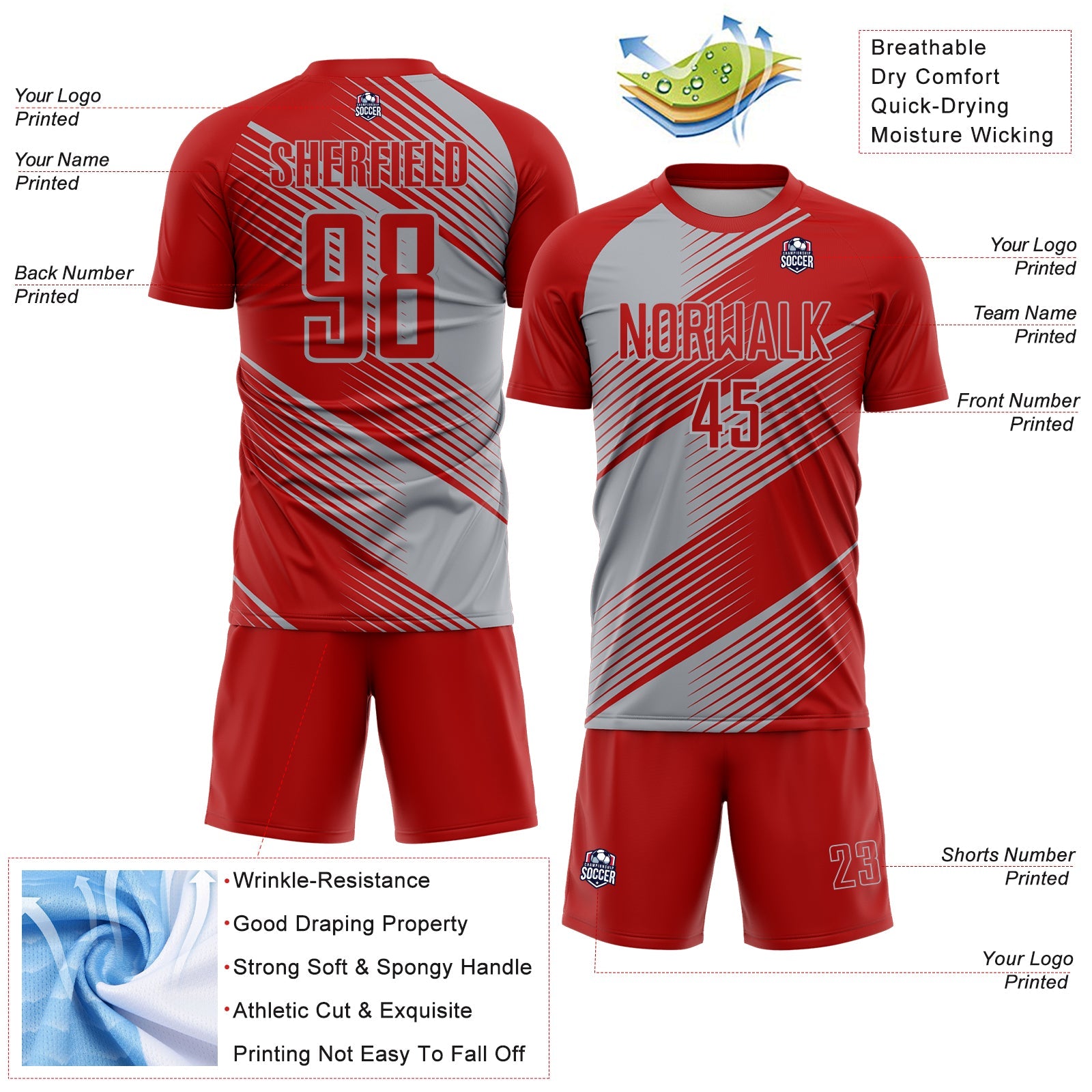 Custom Red Gray Line Sublimation Soccer Uniform Jersey - Sky-Custom