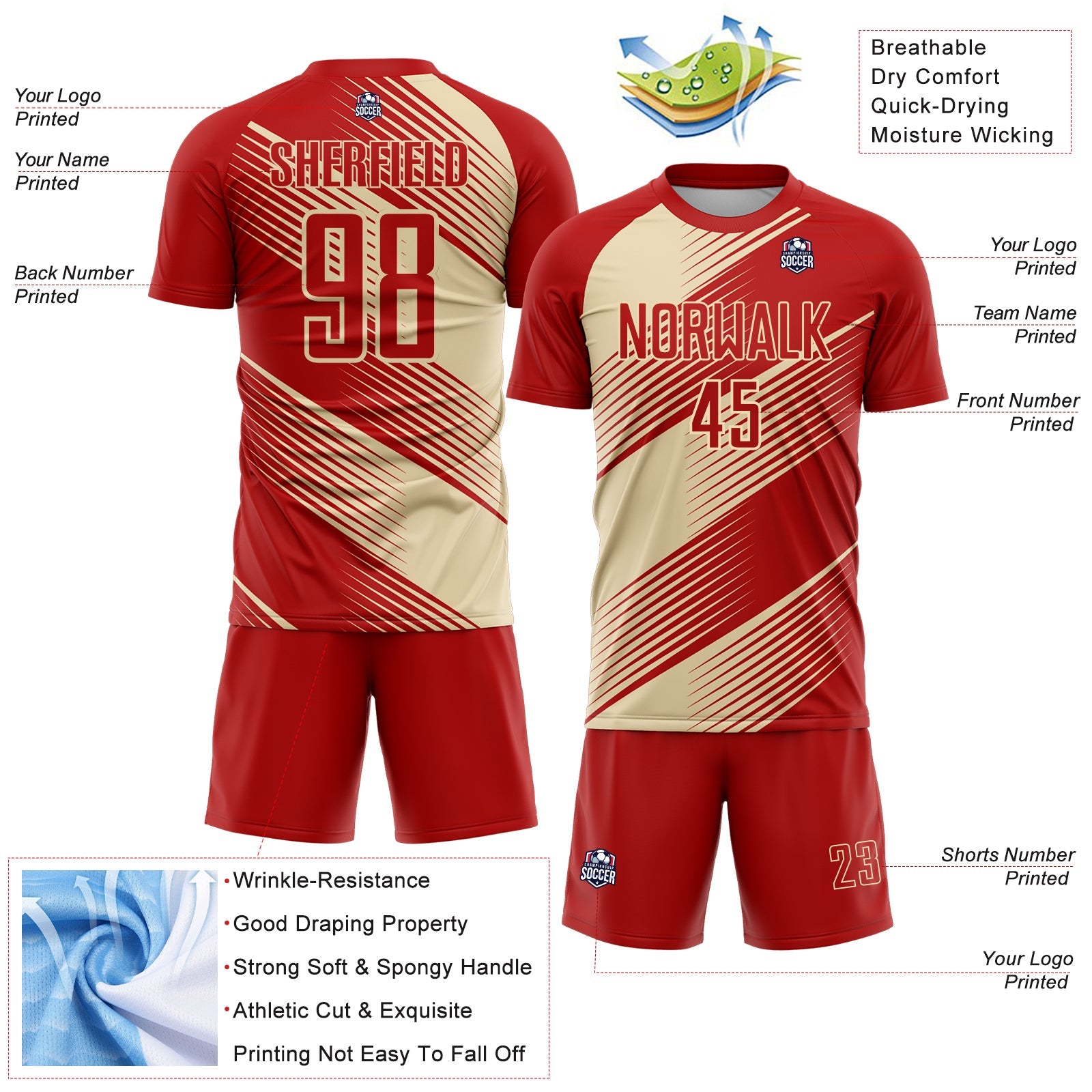 Custom Red Cream Line Sublimation Soccer Uniform Jersey - Sky-Custom
