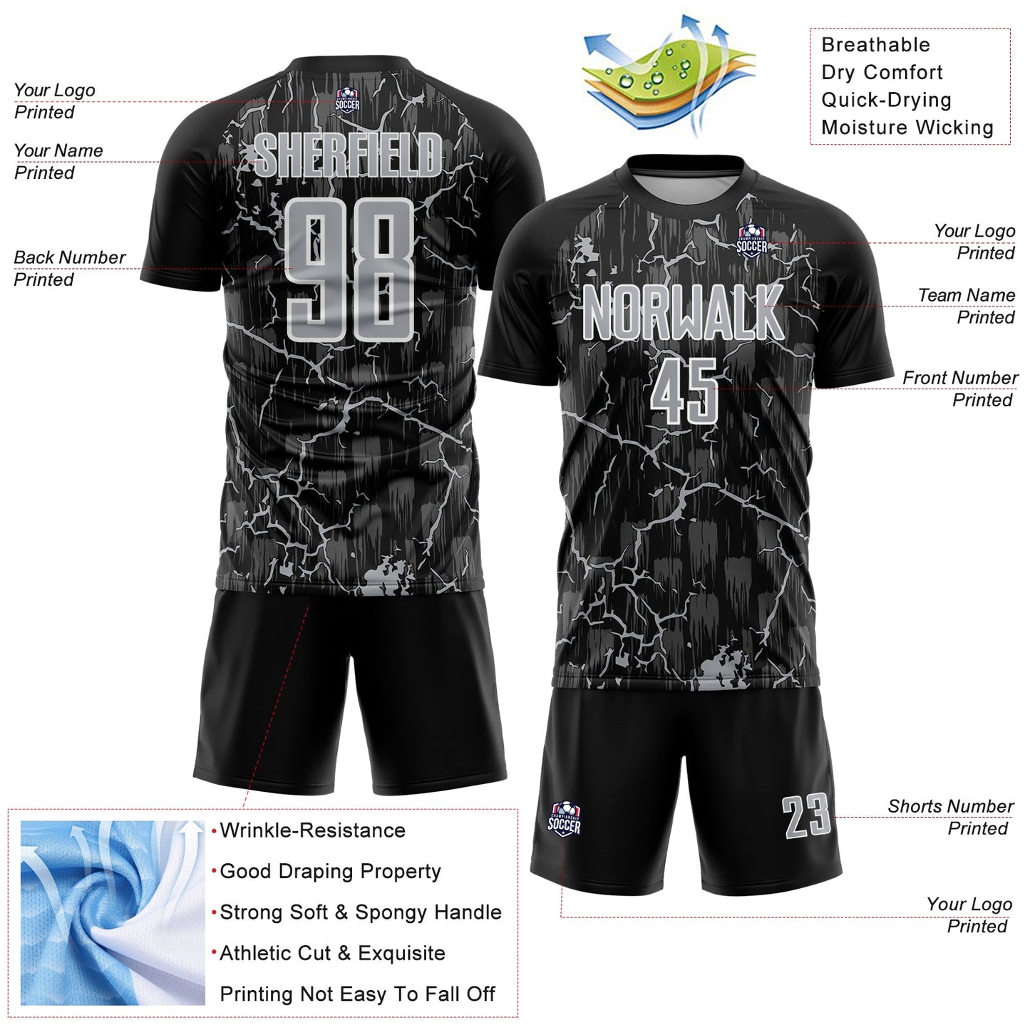 Custom Black Gray-White Lightning Sublimation Soccer Uniform Jersey - Sky-Custom