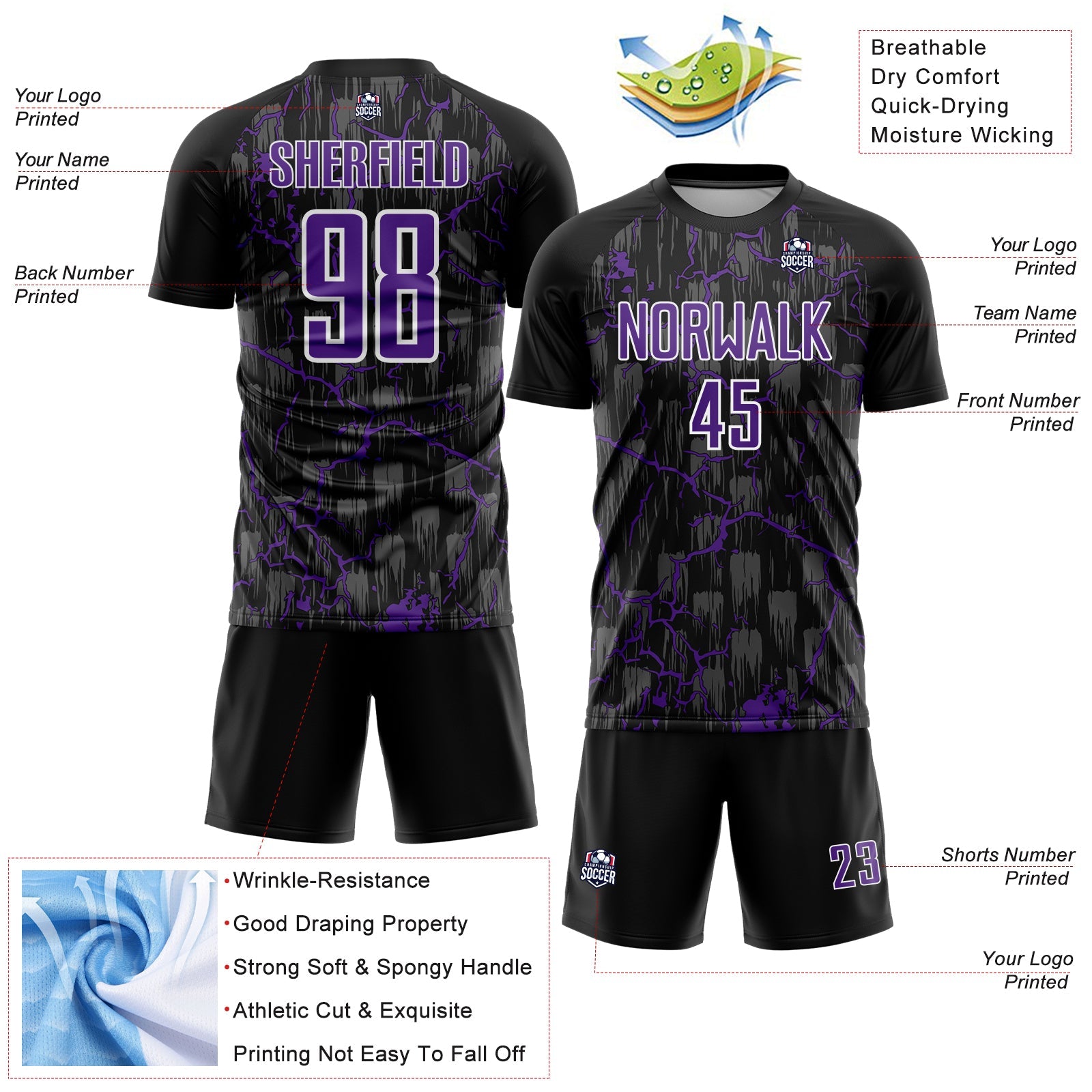 Custom Black Purple-White Lightning Sublimation Soccer Uniform Jersey - Sky-Custom