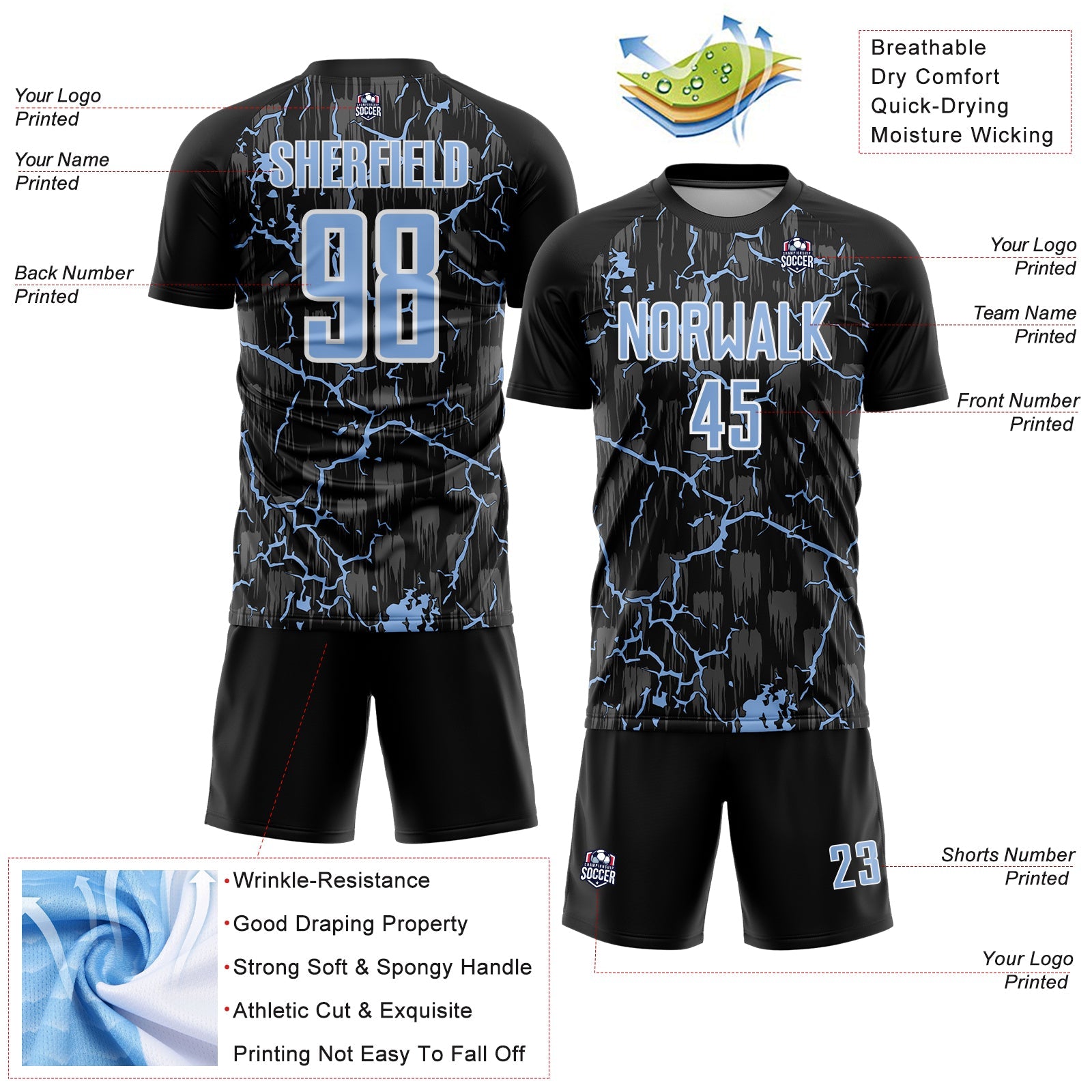 Custom Black Light Blue-White Lightning Sublimation Soccer Uniform Jersey - Sky-Custom