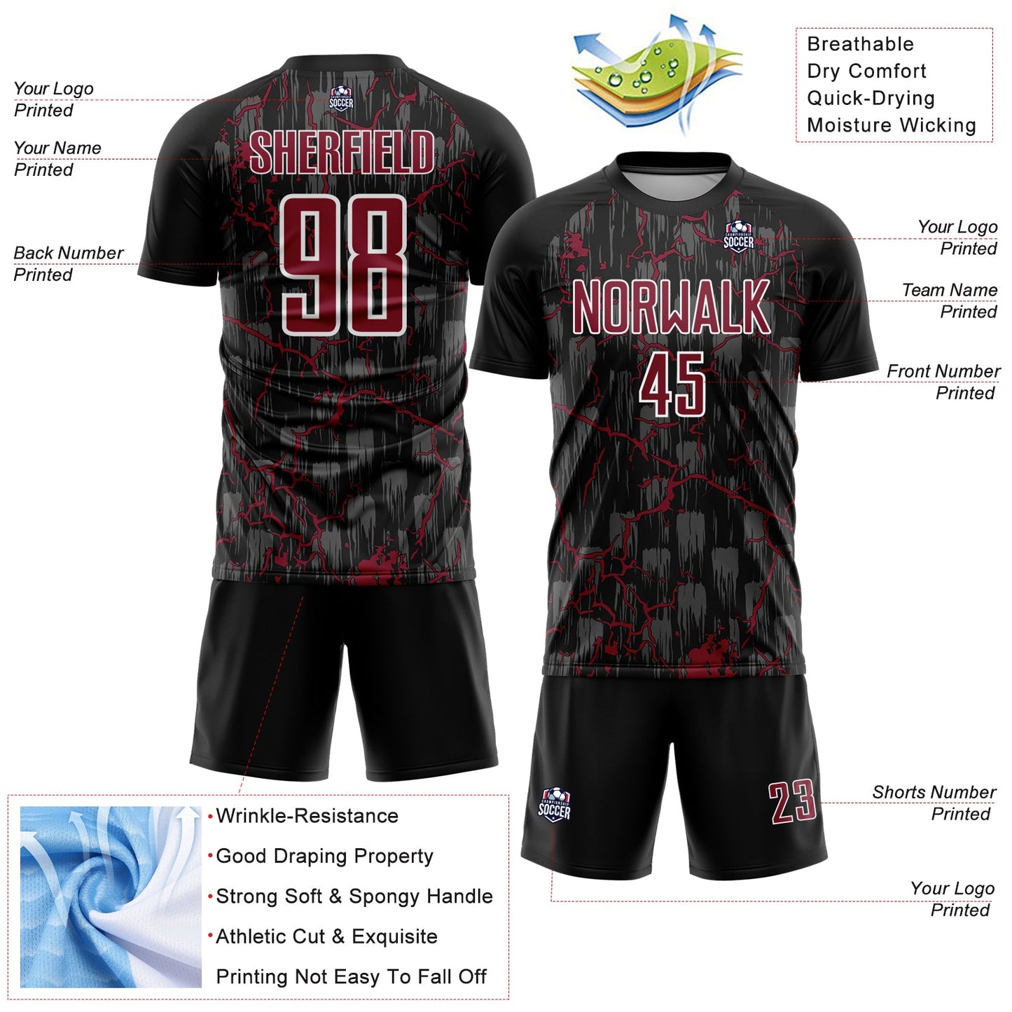 Custom Black Crimson-White Lightning Sublimation Soccer Uniform Jersey - Sky-Custom