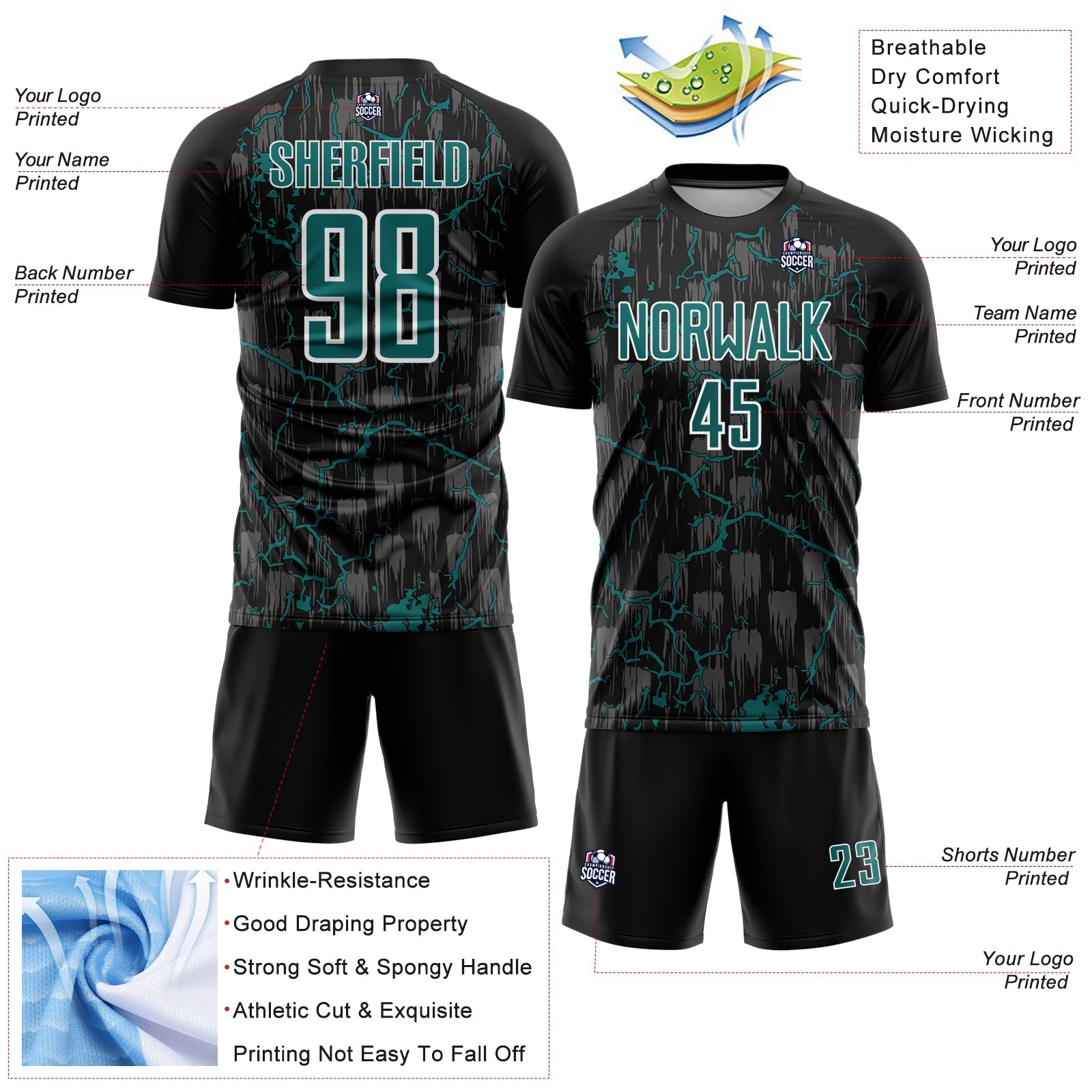 Custom Black Teal-White Lightning Sublimation Soccer Uniform Jersey - Sky-Custom