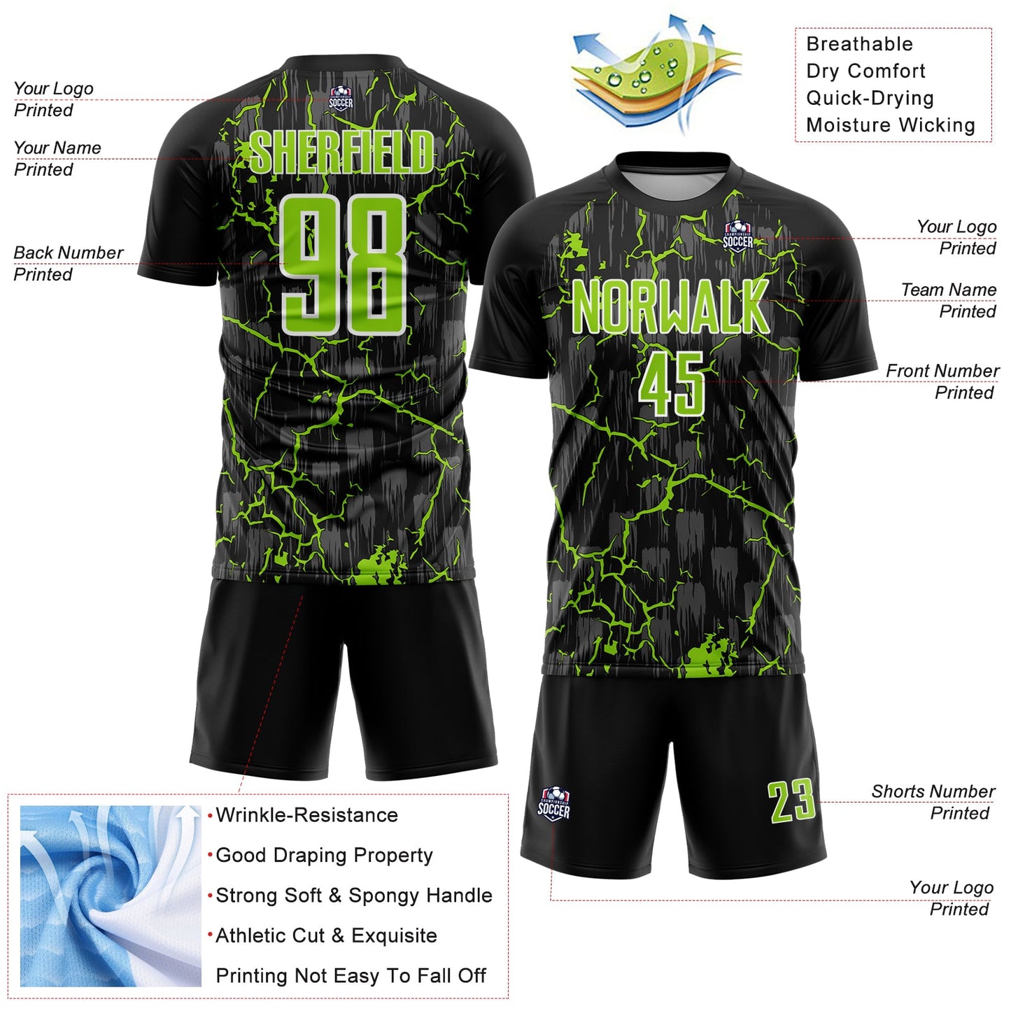Custom Black Neon Green-White Lightning Sublimation Soccer Uniform Jersey - Sky-Custom