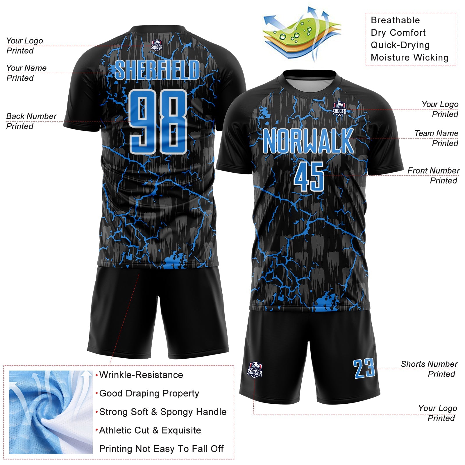 Custom Black Powder Blue-White Lightning Sublimation Soccer Uniform Jersey - Sky-Custom