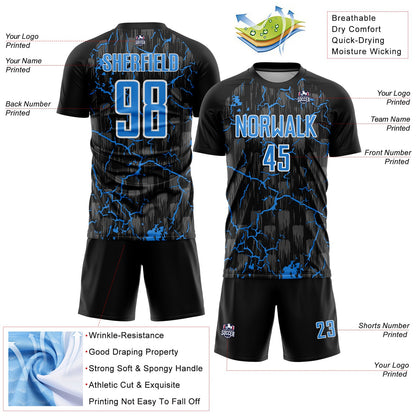 Custom Black Powder Blue-White Lightning Sublimation Soccer Uniform Jersey - Sky-Custom
