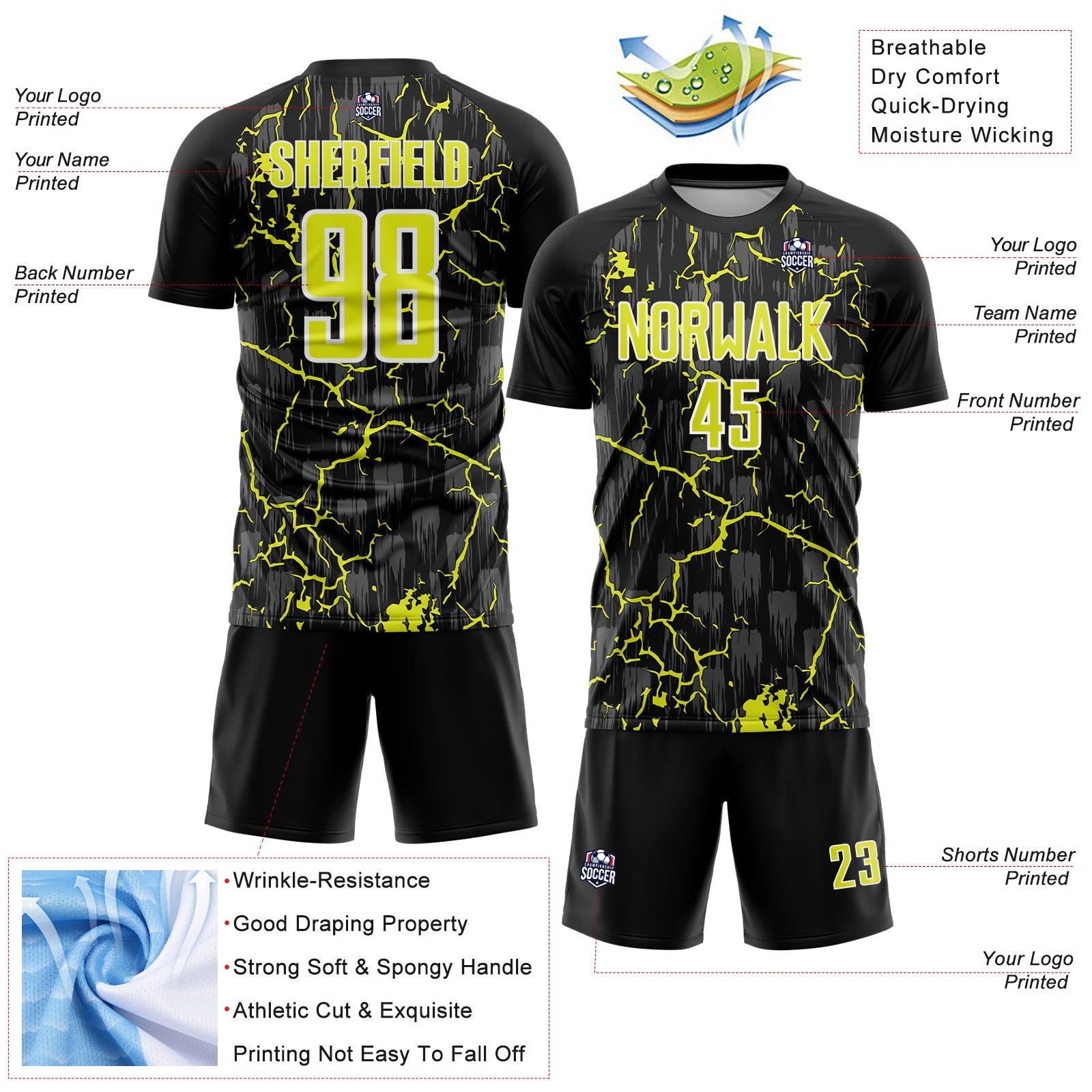 Custom Black Neon Yellow-White Lightning Sublimation Soccer Uniform Jersey - Sky-Custom