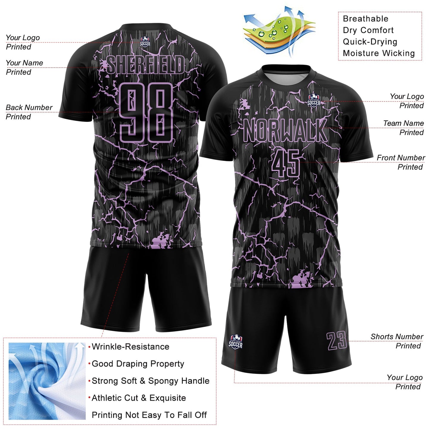 Custom Black Light Purple Lightning Sublimation Soccer Uniform Jersey - Sky-Custom