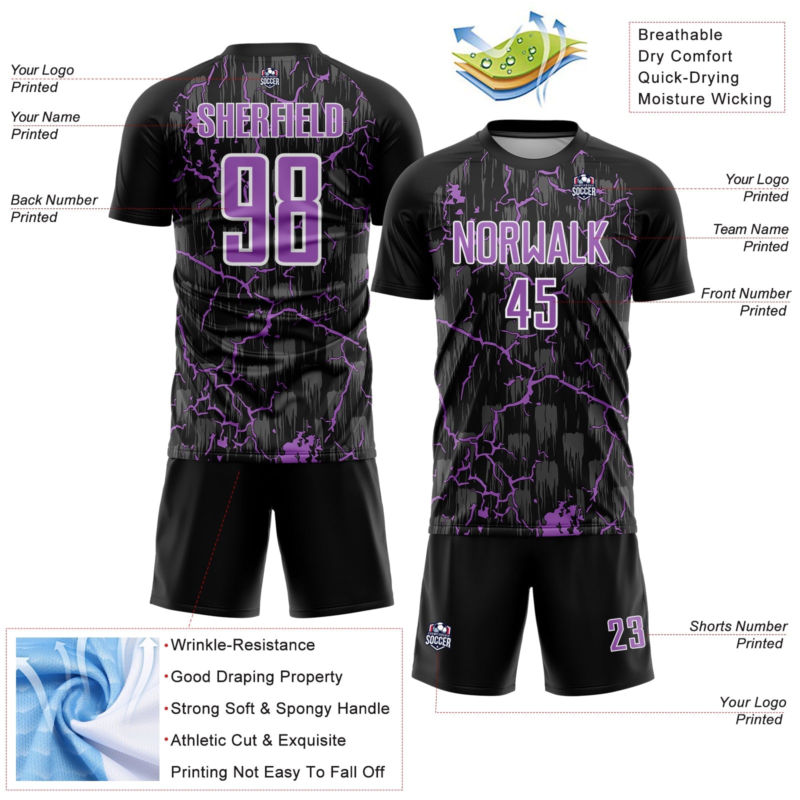 Custom Black Medium Purple-White Lightning Sublimation Soccer Uniform Jersey - Sky-Custom