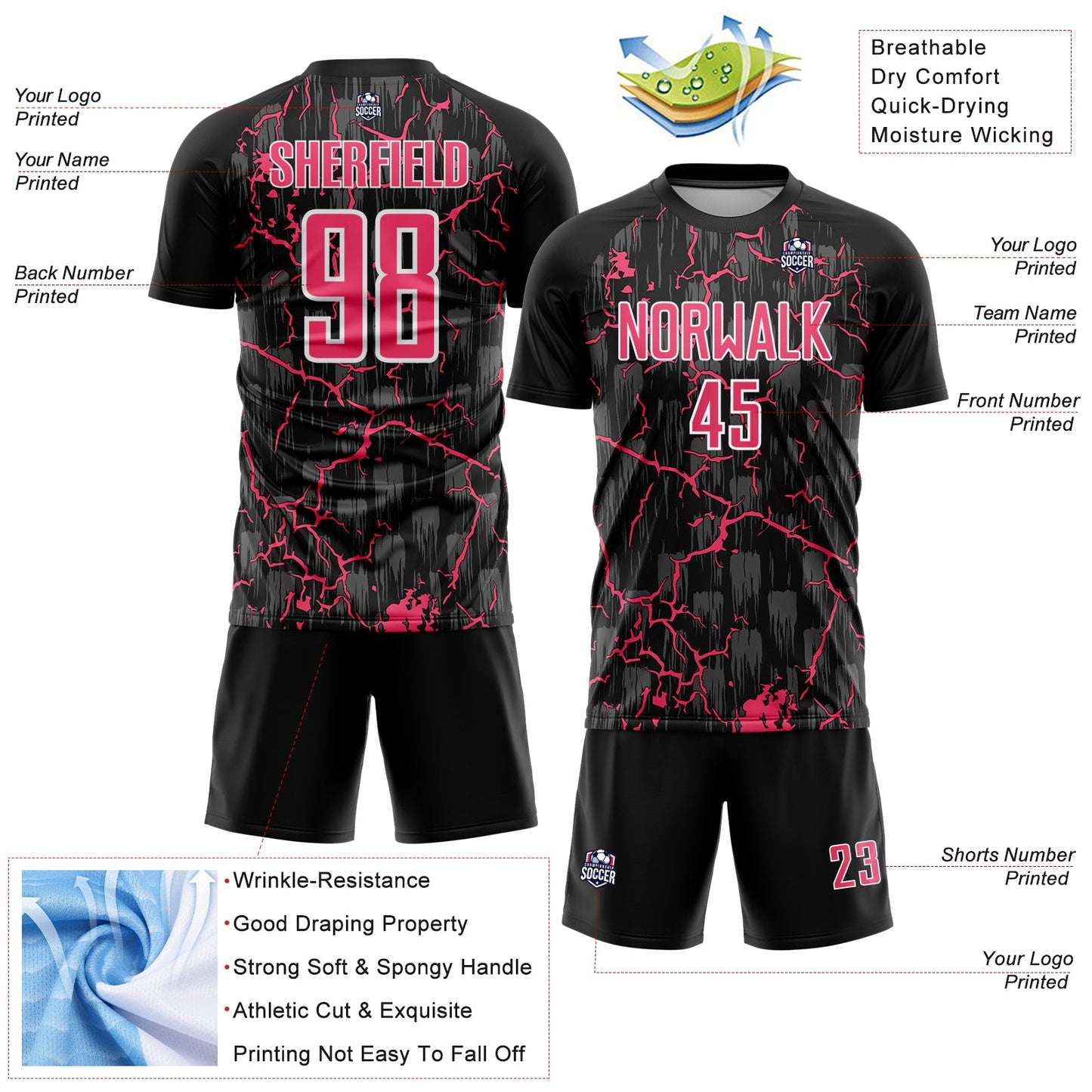 Custom Black Neon Pink-White Lightning Sublimation Soccer Uniform Jersey - Sky-Custom