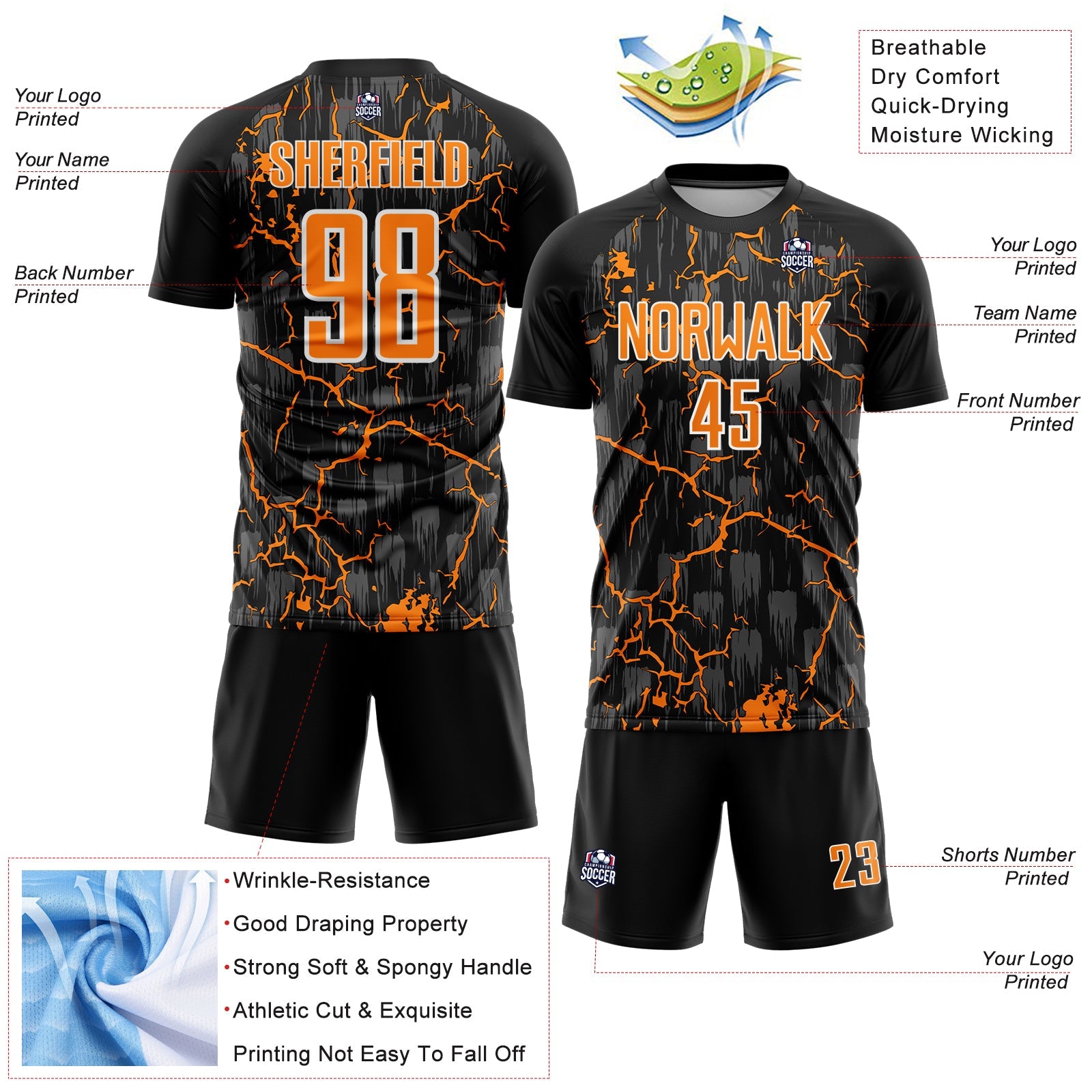 Custom Black Bay Orange-White Lightning Sublimation Soccer Uniform Jersey - Sky-Custom