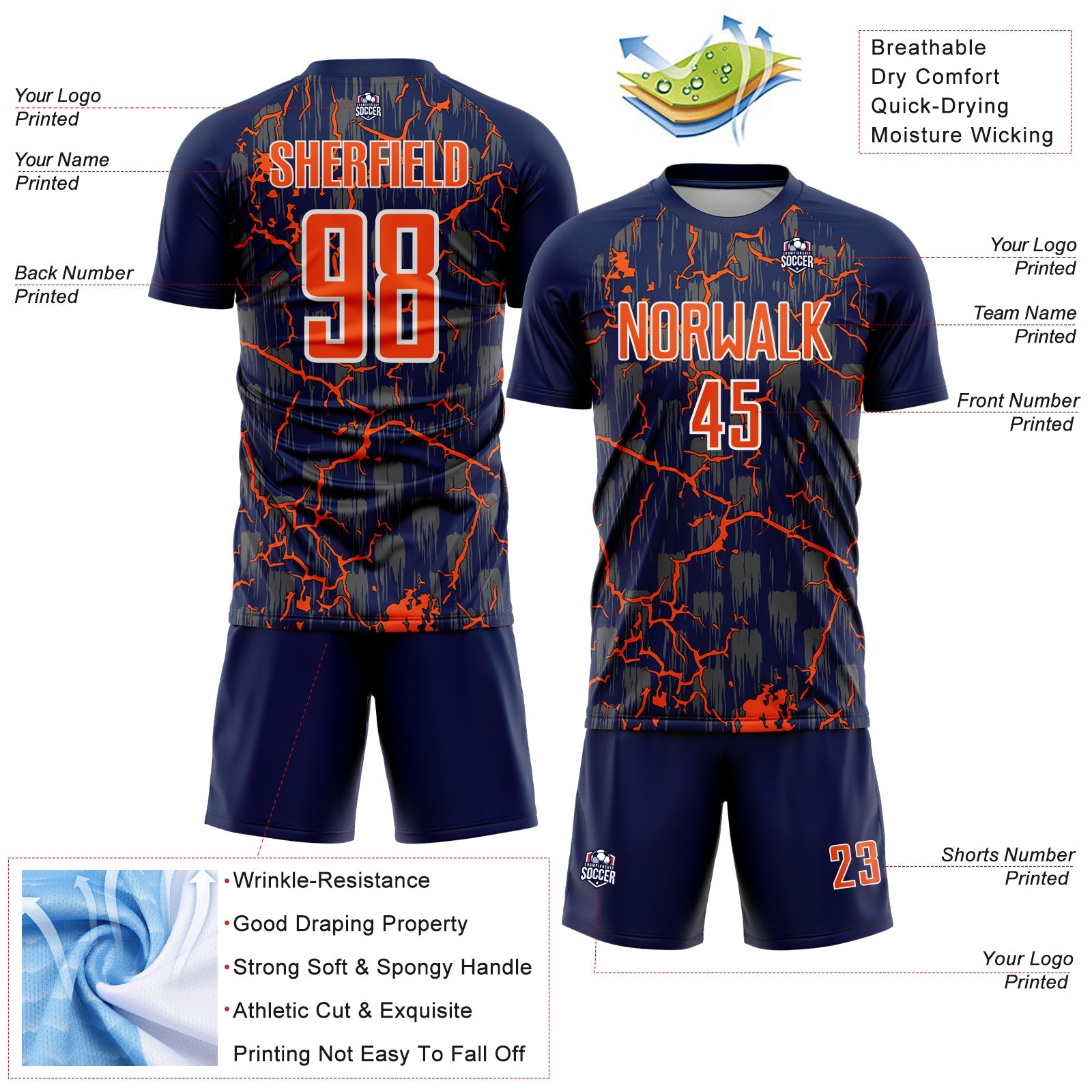 Custom Navy Orange-White Lightning Sublimation Soccer Uniform Jersey - Sky-Custom