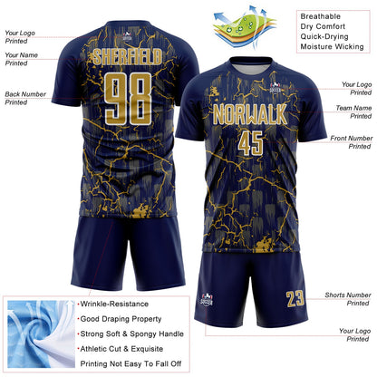 Custom Navy Old Gold-White Lightning Sublimation Soccer Uniform Jersey - Sky-Custom