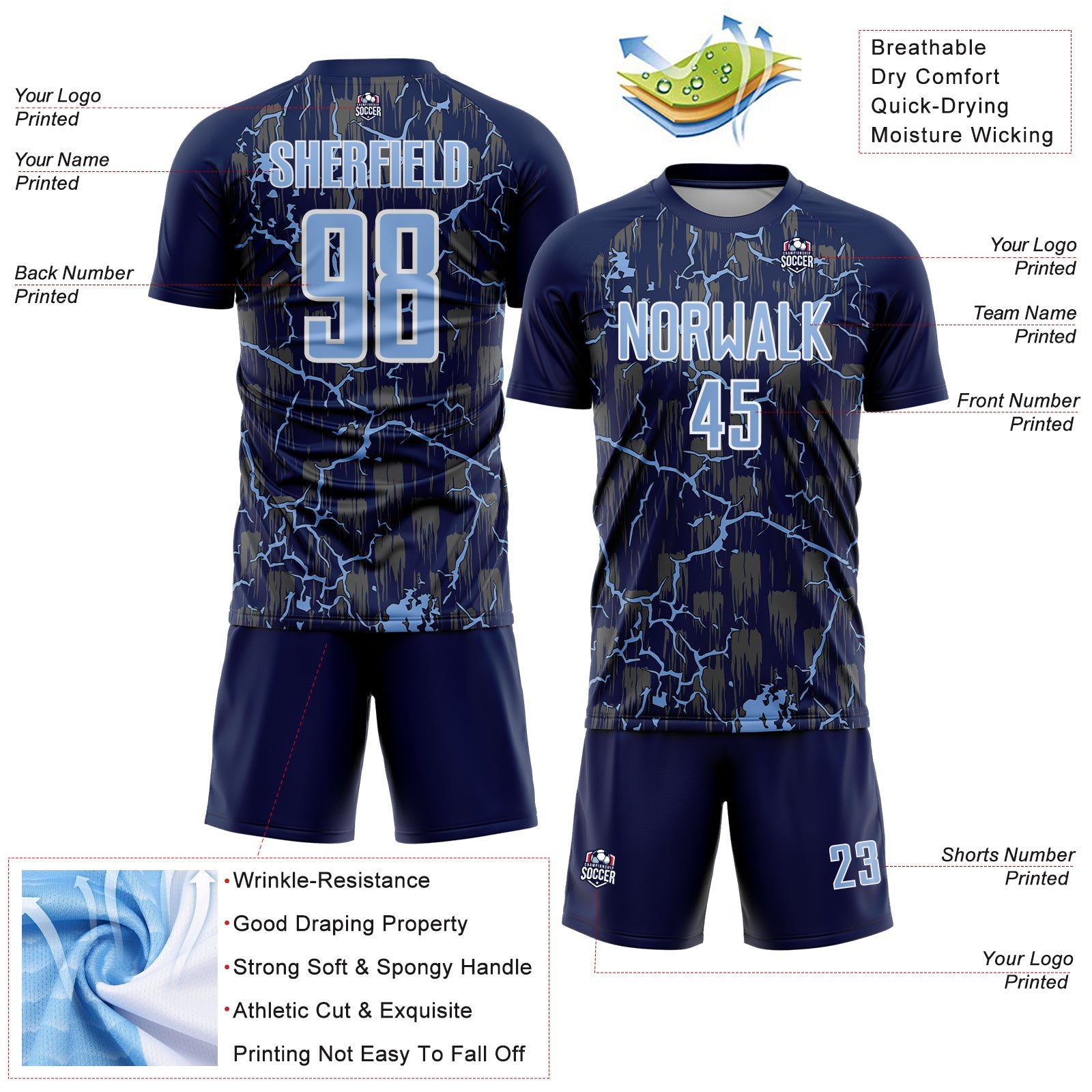 Custom Navy Light Blue-White Lightning Sublimation Soccer Uniform Jersey - Sky-Custom