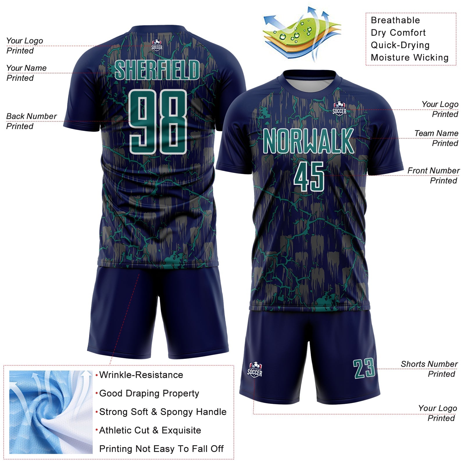Custom Navy Teal-White Lightning Sublimation Soccer Uniform Jersey - Sky-Custom