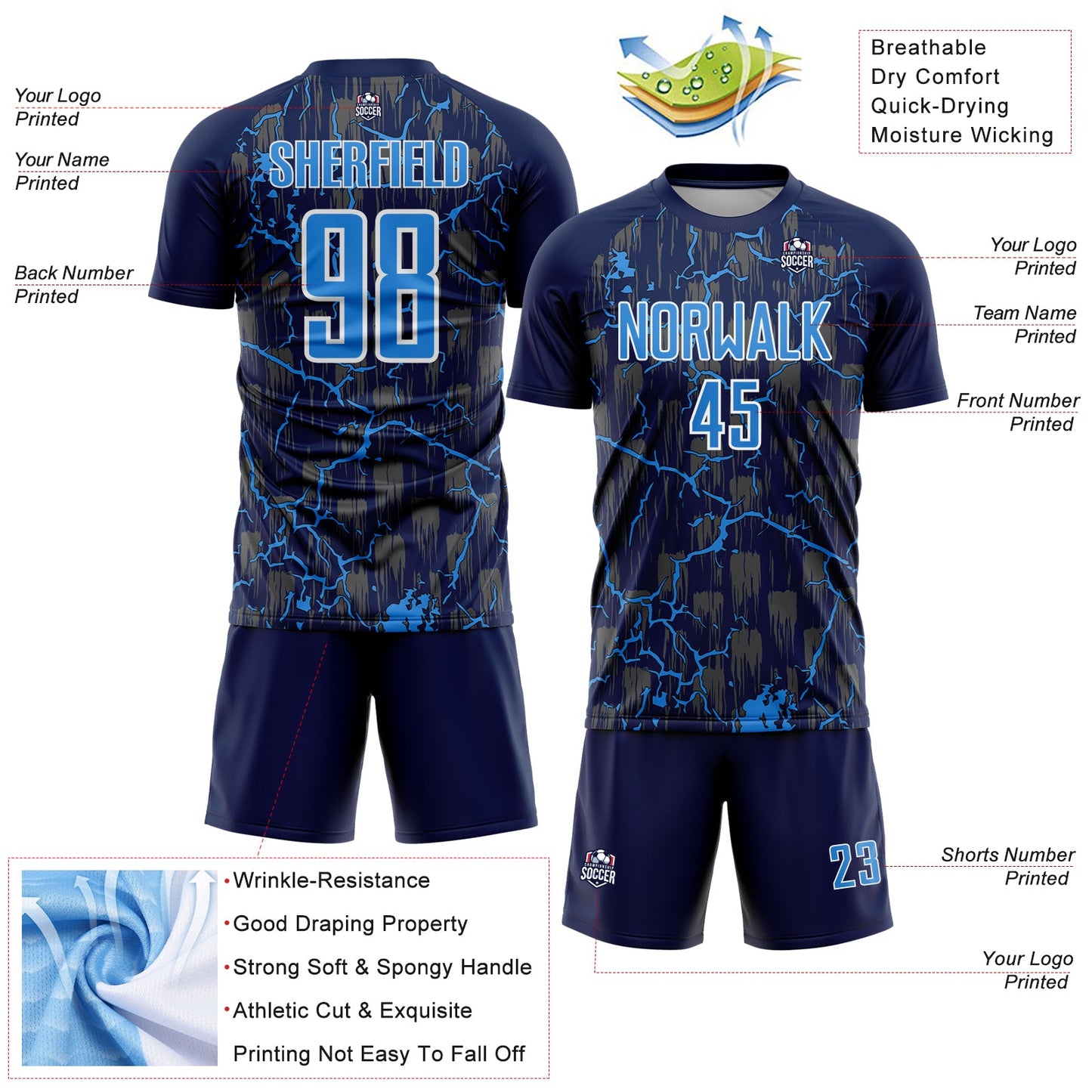 Custom Navy Powder Blue-White Lightning Sublimation Soccer Uniform Jersey - Sky-Custom