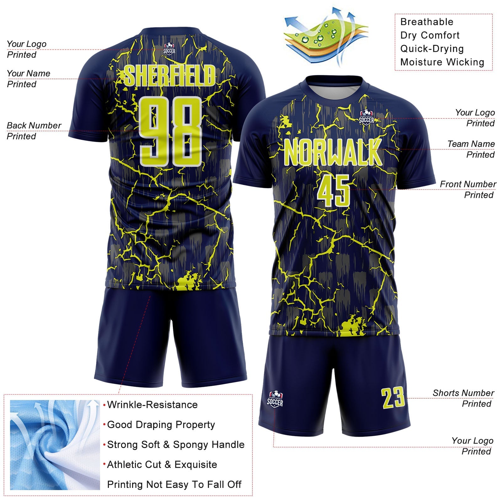 Custom Navy Neon Yellow-White Lightning Sublimation Soccer Uniform Jersey - Sky-Custom