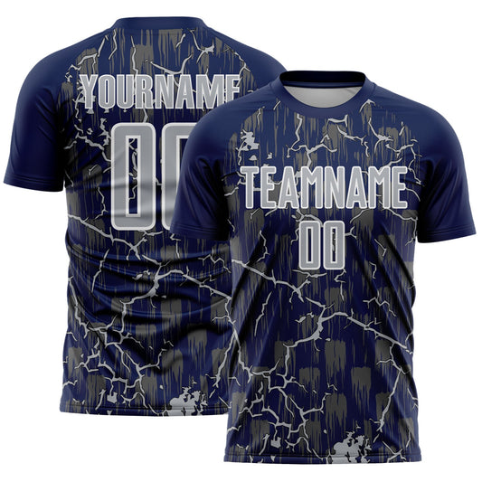 Custom Navy Gray-White Lightning Sublimation Soccer Uniform Jersey - Sky-Custom