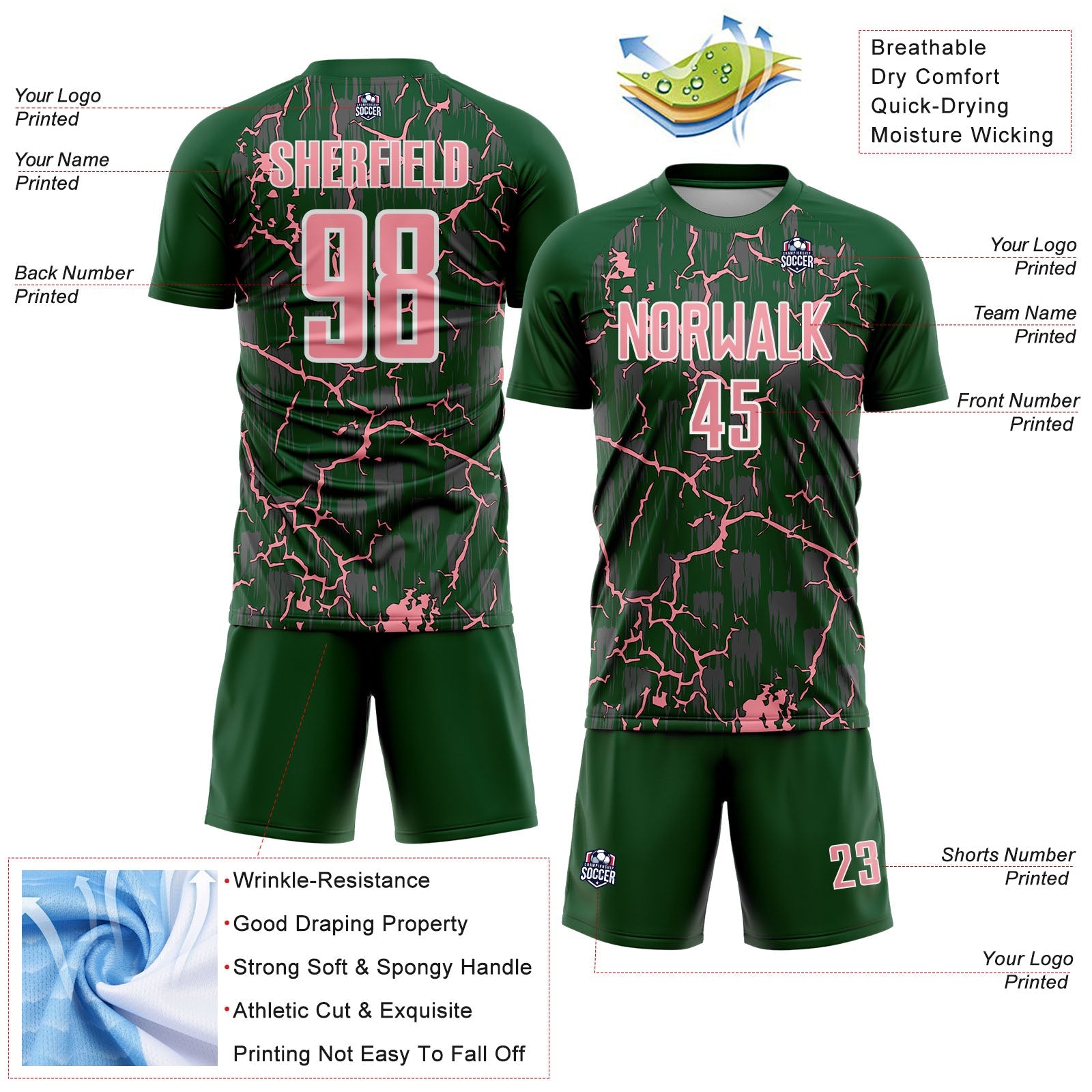 Custom Green Medium Pink-White Lightning Sublimation Soccer Uniform Jersey - Sky-Custom