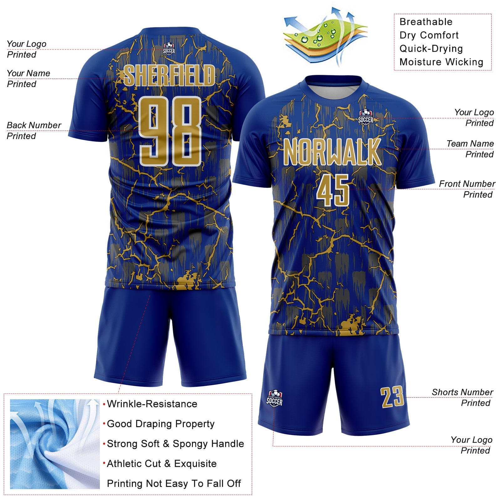 Custom Royal Old Gold-White Lightning Sublimation Soccer Uniform Jersey - Sky-Custom