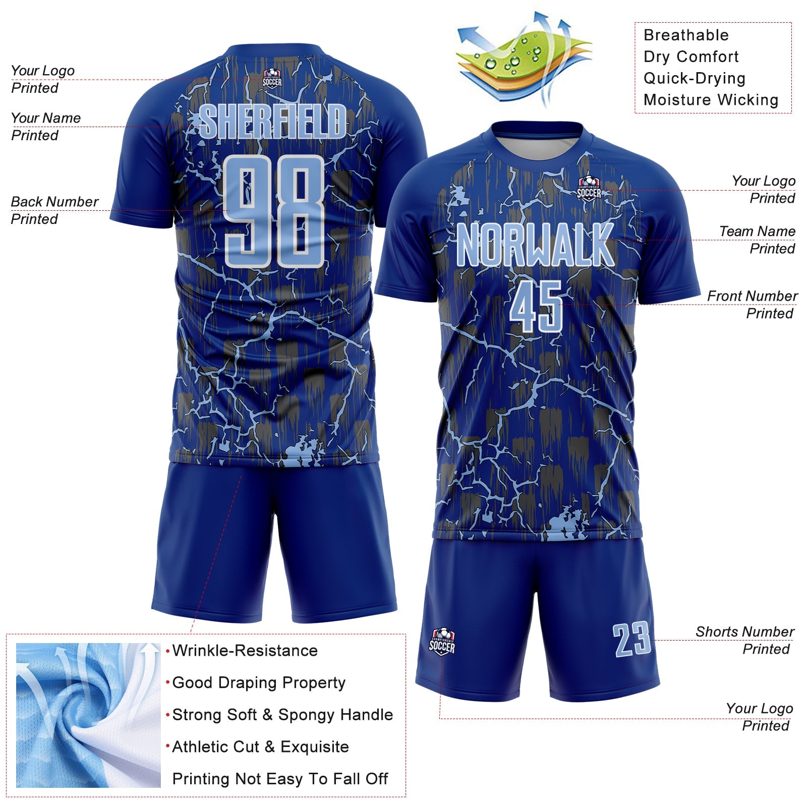 Custom Royal Light Blue-White Lightning Sublimation Soccer Uniform Jersey - Sky-Custom