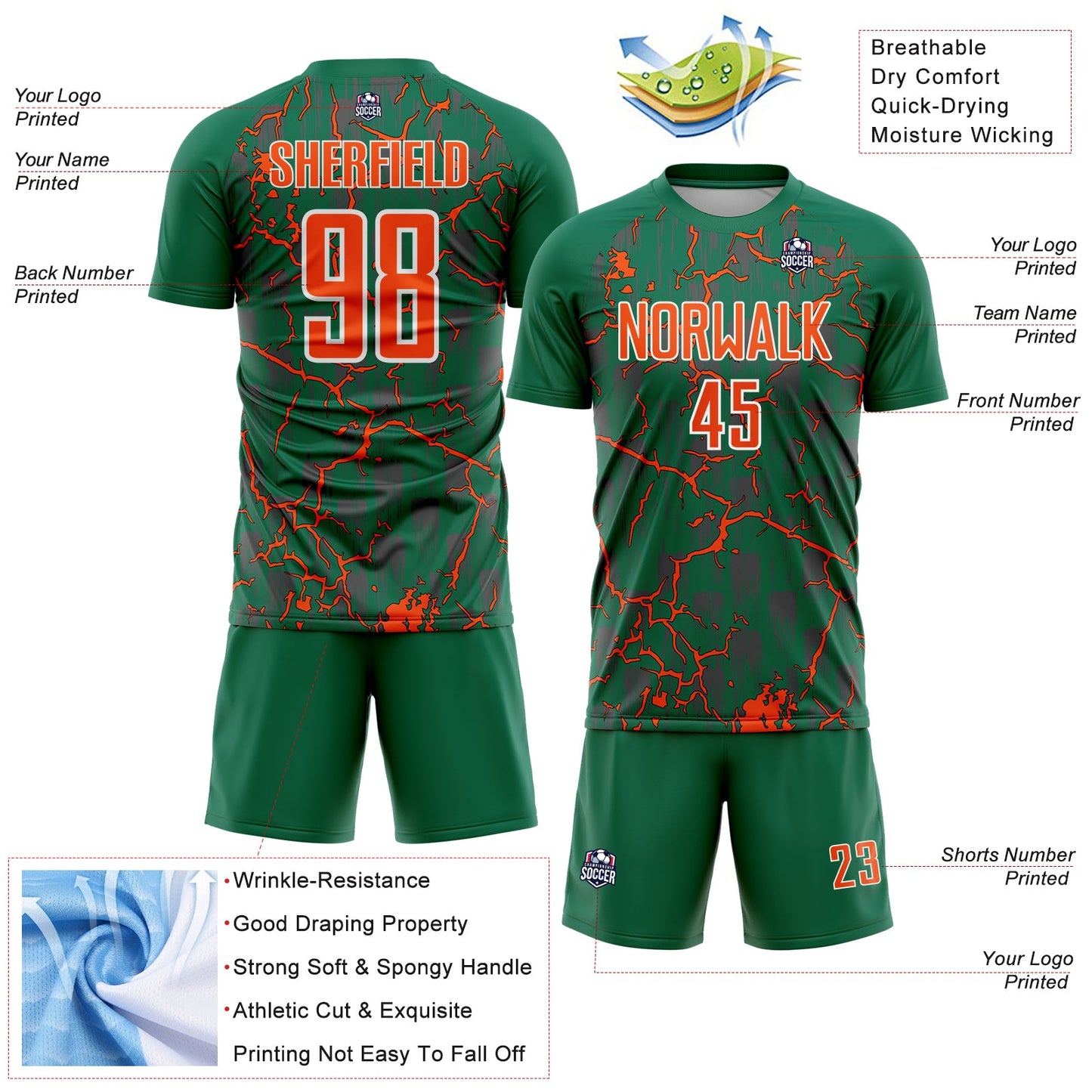 Custom Kelly Green Orange-White Lightning Sublimation Soccer Uniform Jersey - Sky-Custom