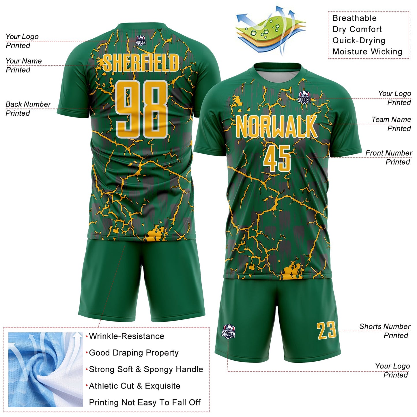 Custom Kelly Green Gold-White Lightning Sublimation Soccer Uniform Jersey - Sky-Custom