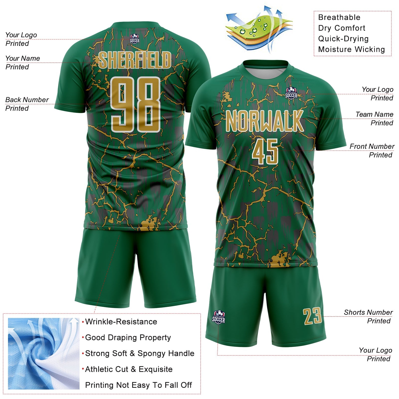 Custom Kelly Green Old Gold-White Lightning Sublimation Soccer Uniform Jersey - Sky-Custom