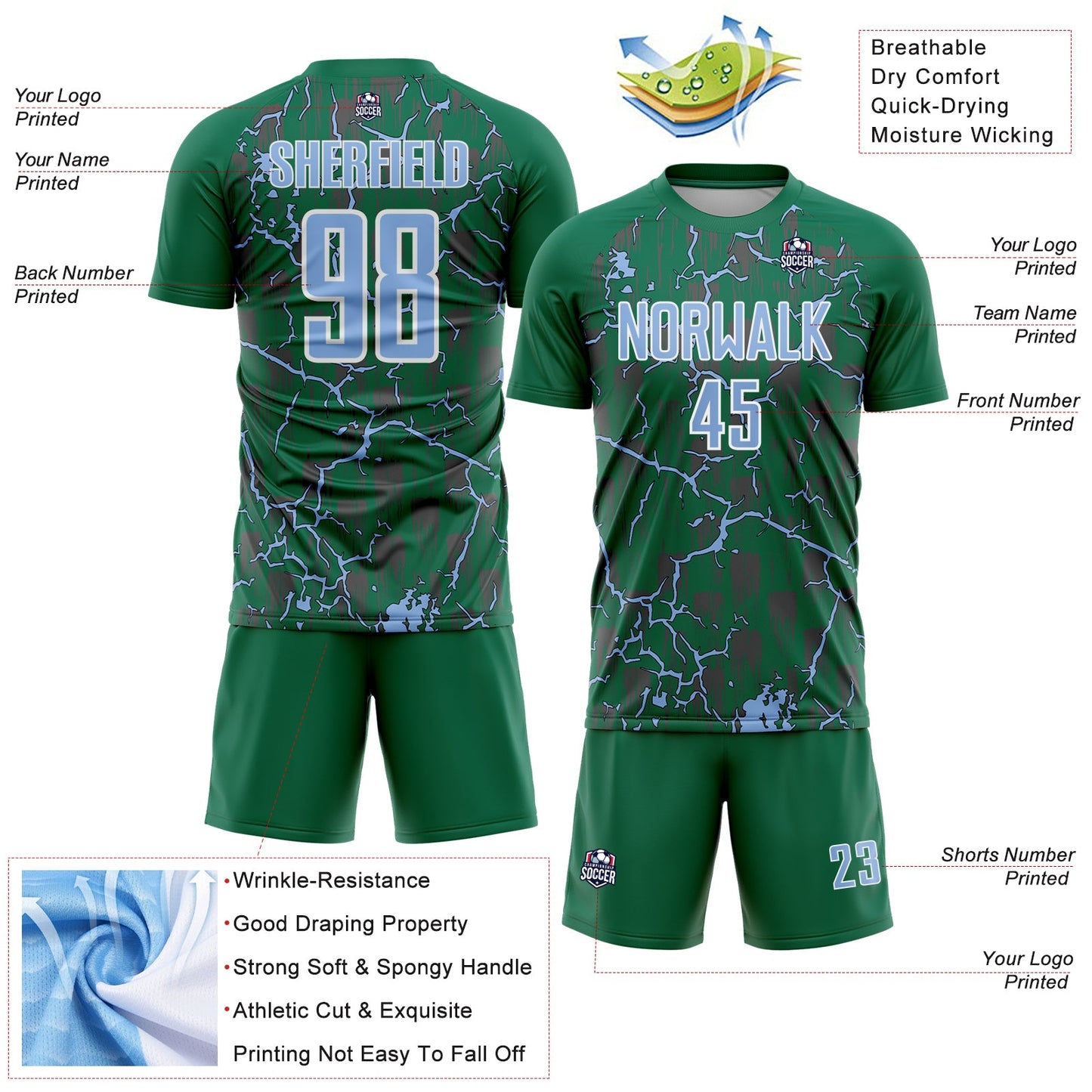 Custom Kelly Green Light Blue-White Lightning Sublimation Soccer Uniform Jersey - Sky-Custom