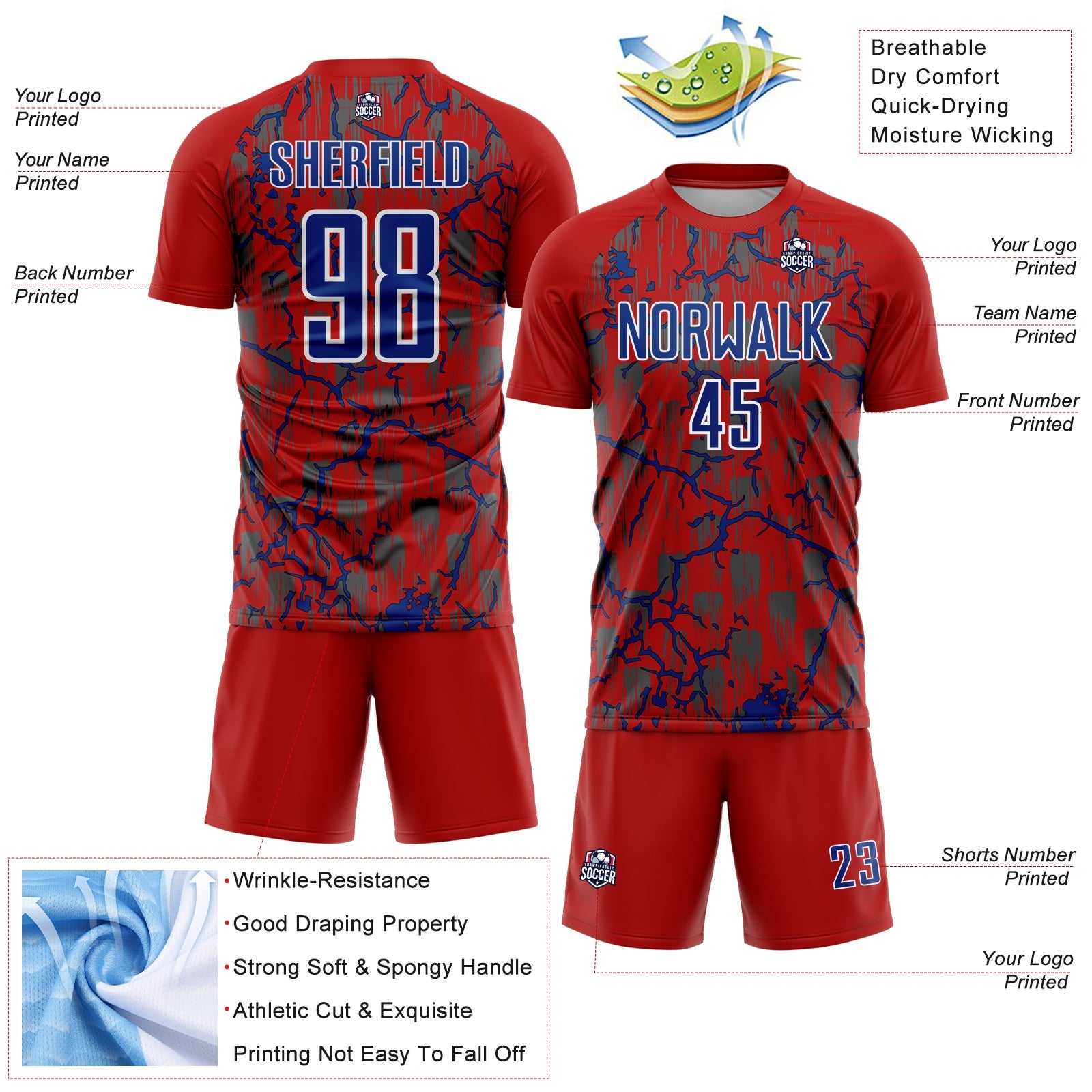 Custom Red Royal-White Lightning Sublimation Soccer Uniform Jersey - Sky-Custom