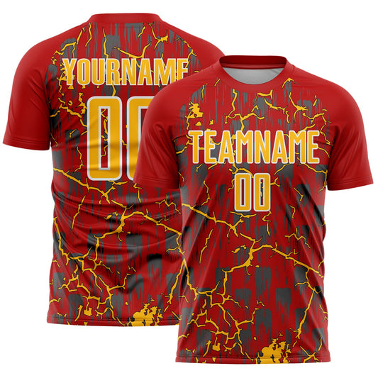 Custom Red Gold-White Lightning Sublimation Soccer Uniform Jersey - Sky-Custom