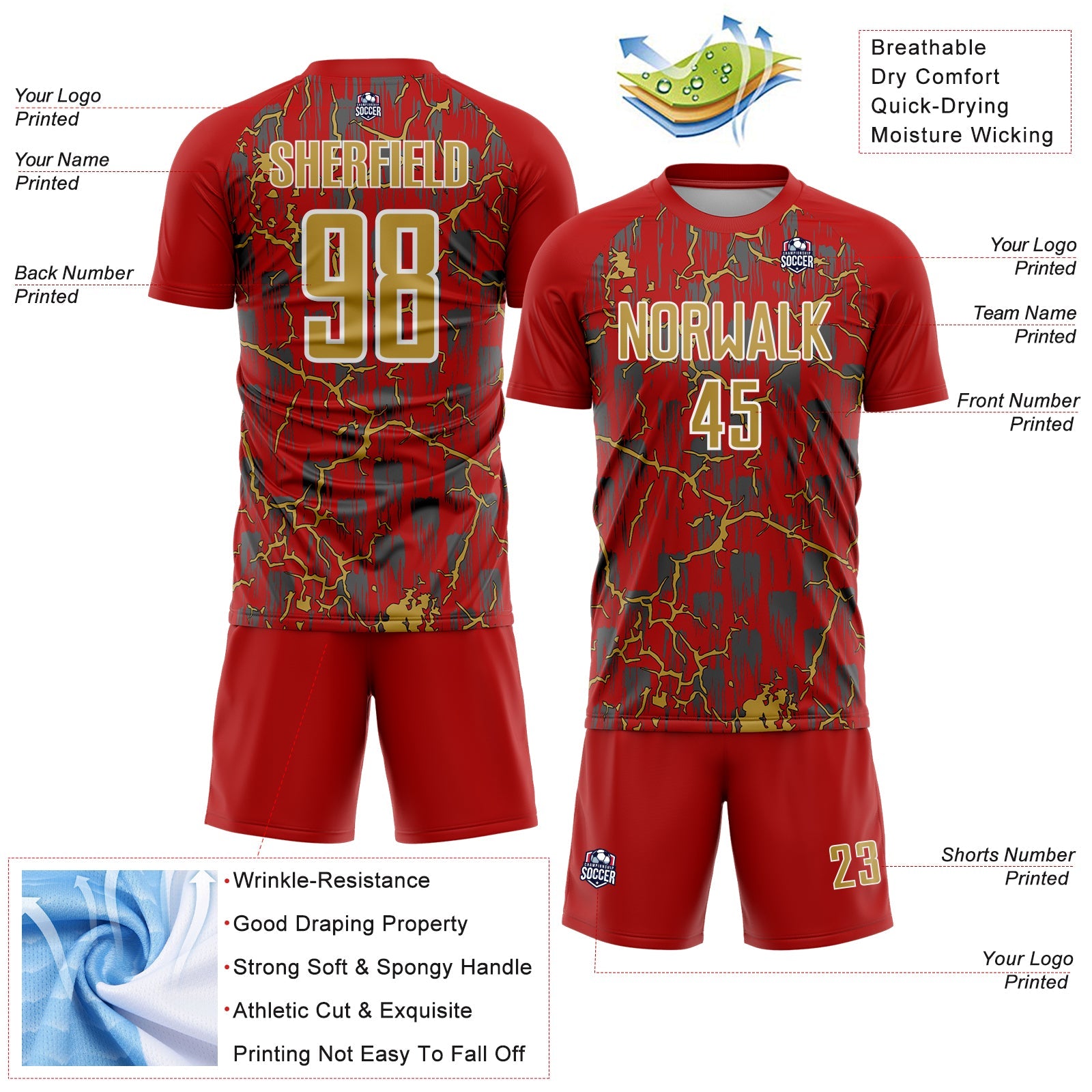 Custom Red Old Gold-White Lightning Sublimation Soccer Uniform Jersey - Sky-Custom