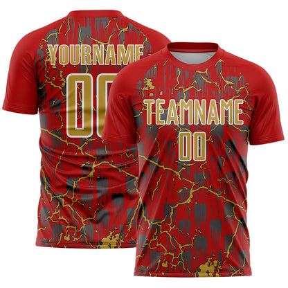 Custom Red Old Gold-White Lightning Sublimation Soccer Uniform Jersey - Sky-Custom