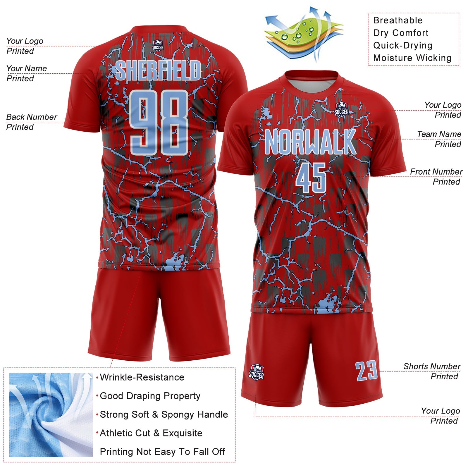 Custom Red Light Blue-White Lightning Sublimation Soccer Uniform Jersey - Sky-Custom