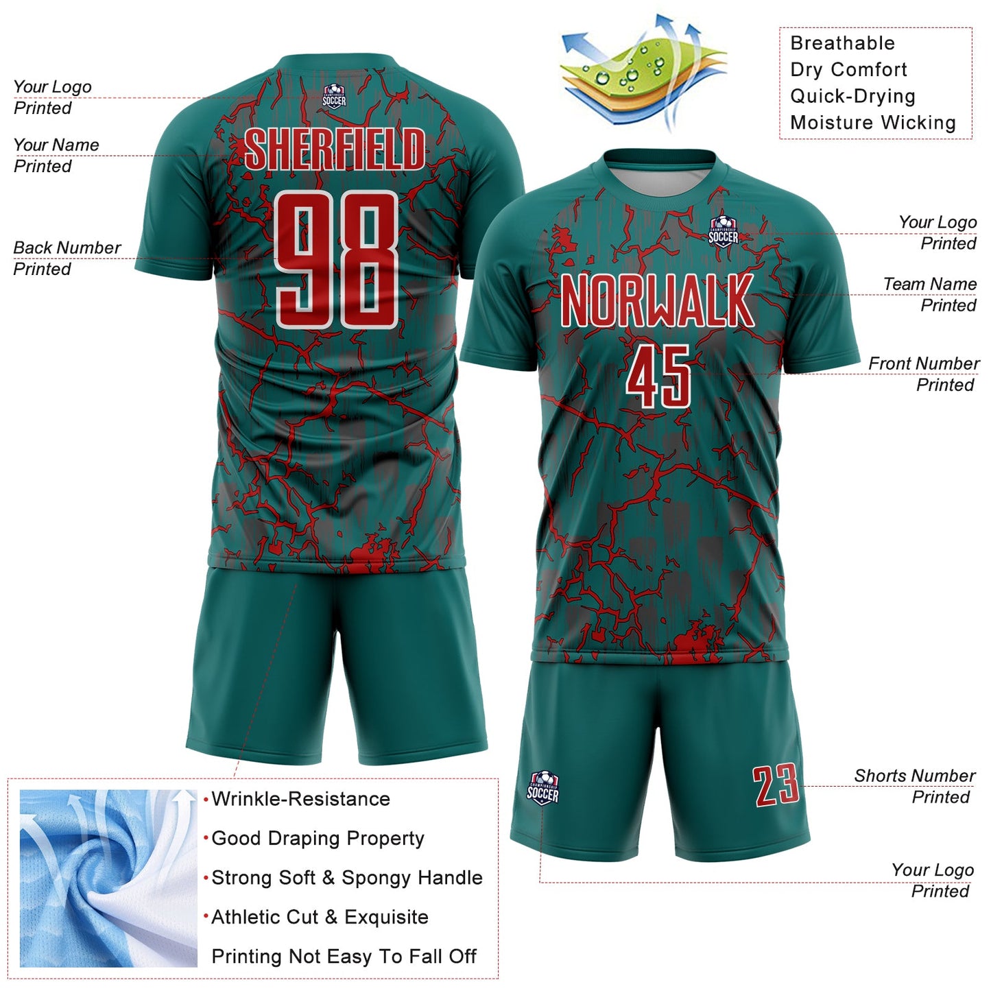 Custom Teal Red-White Lightning Sublimation Soccer Uniform Jersey - Sky-Custom